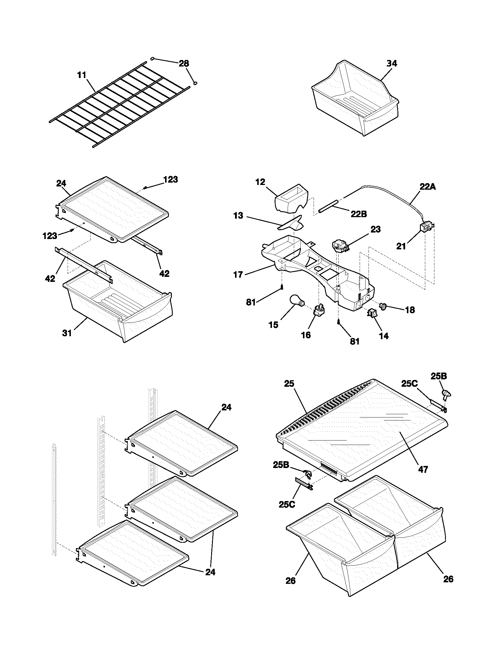 Frigidaire FRT21FR6AQ0 shelves diagram