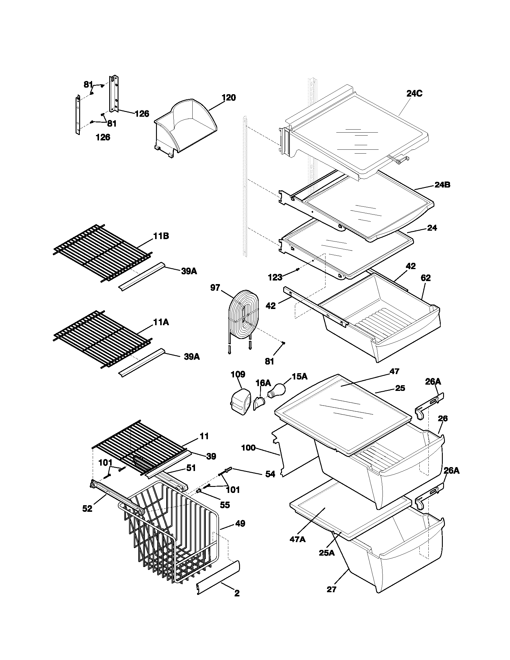 Frigidaire FRS23KF7AW1 shelves diagram