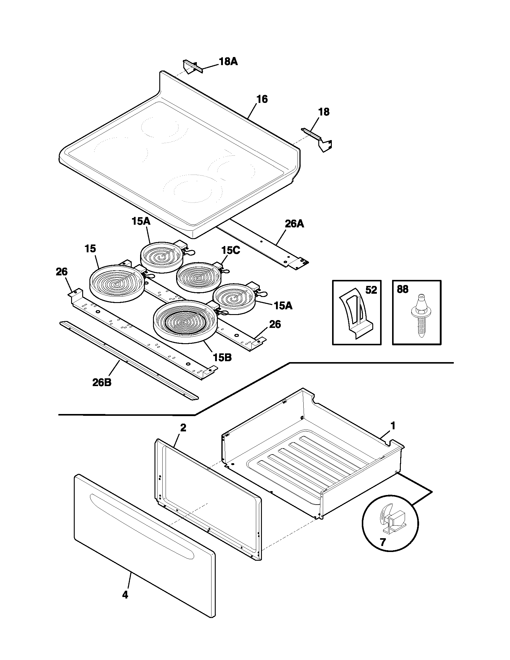 Frigidaire NGSE3WZASA top/drawer diagram