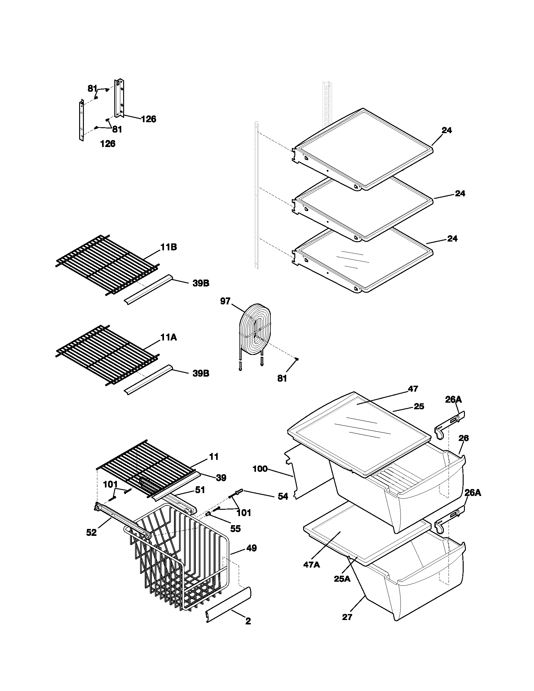 Frigidaire FRS26KW3AW1 shelves diagram