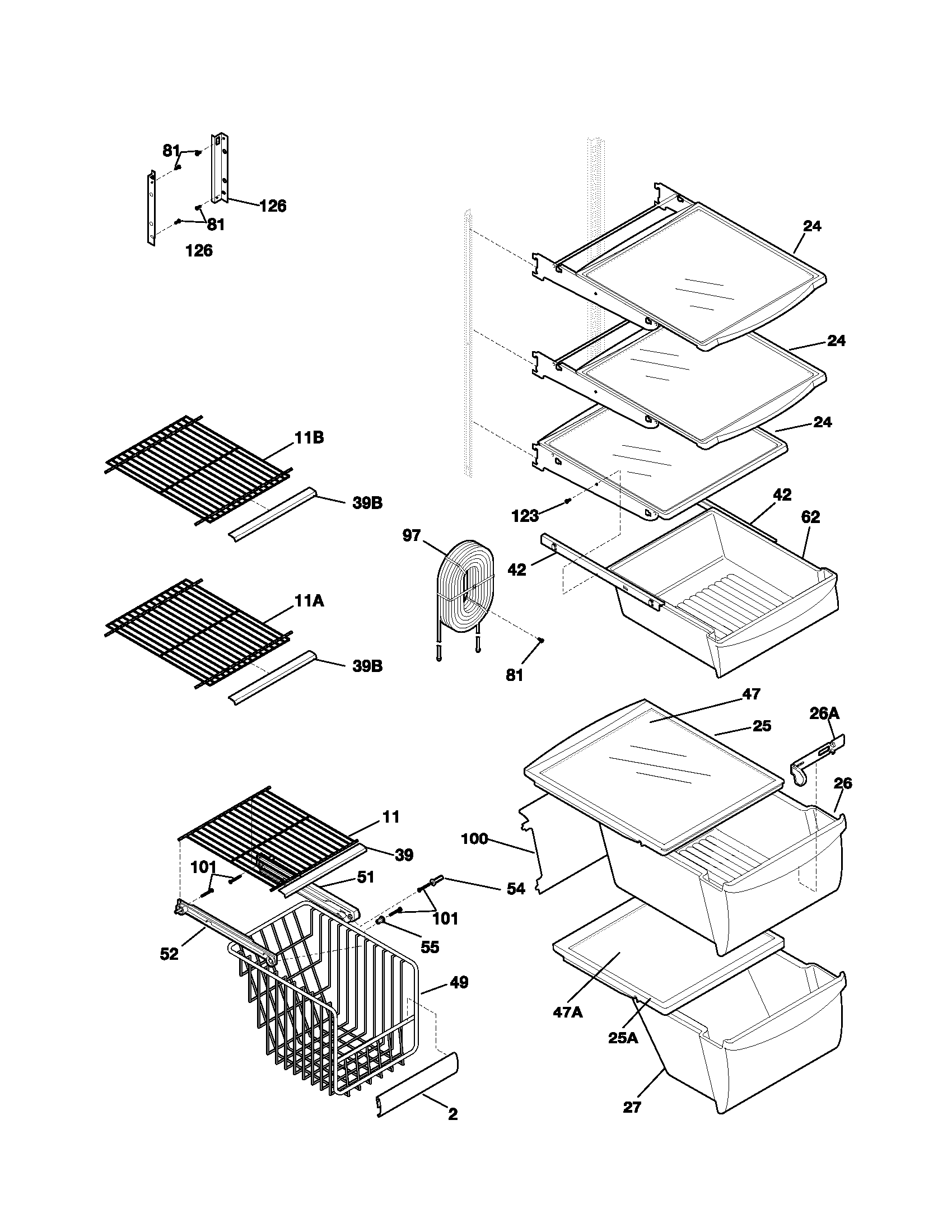 Frigidaire FRS26R4AW1 shelves diagram