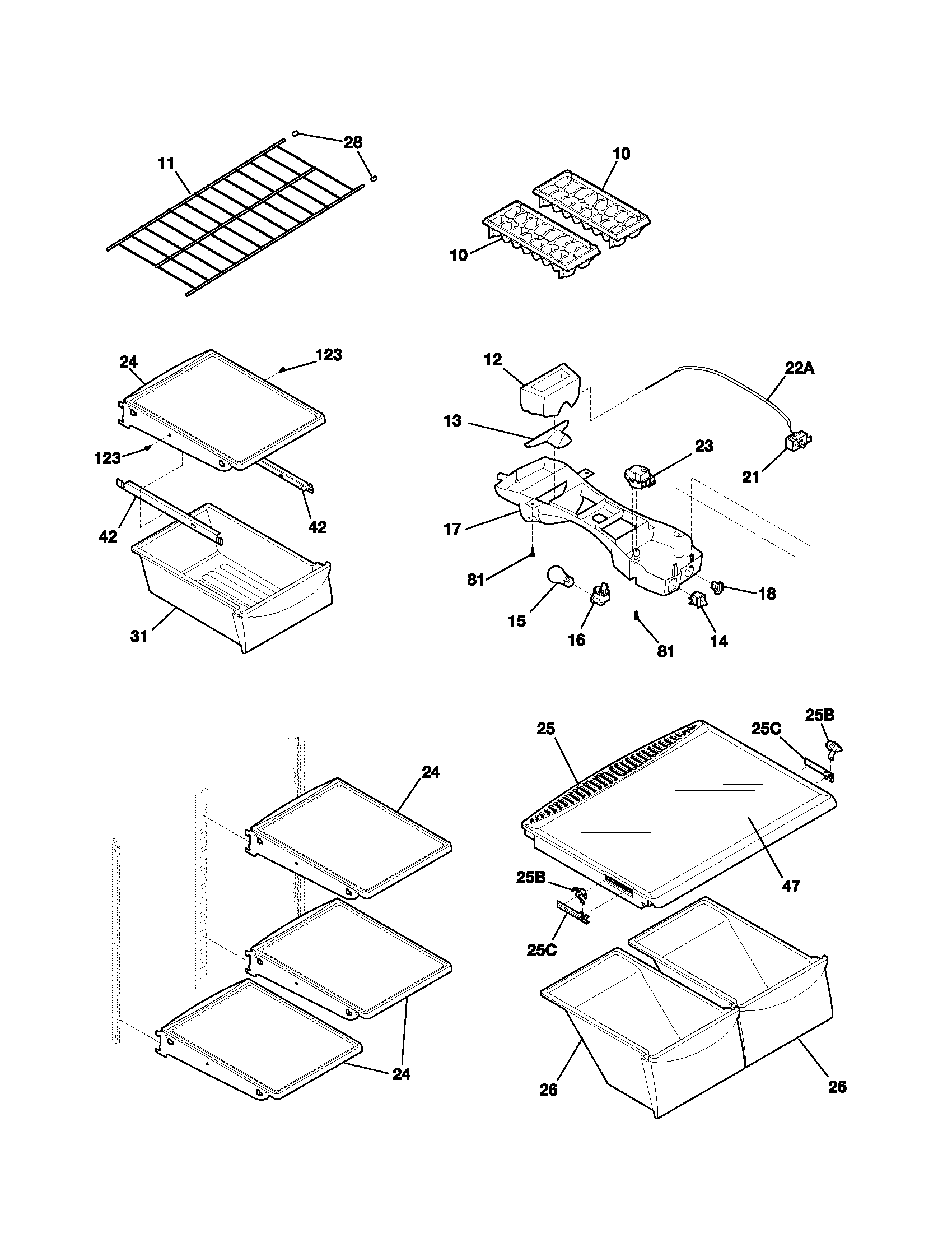 Frigidaire FRT21R6AQ1 shelves diagram