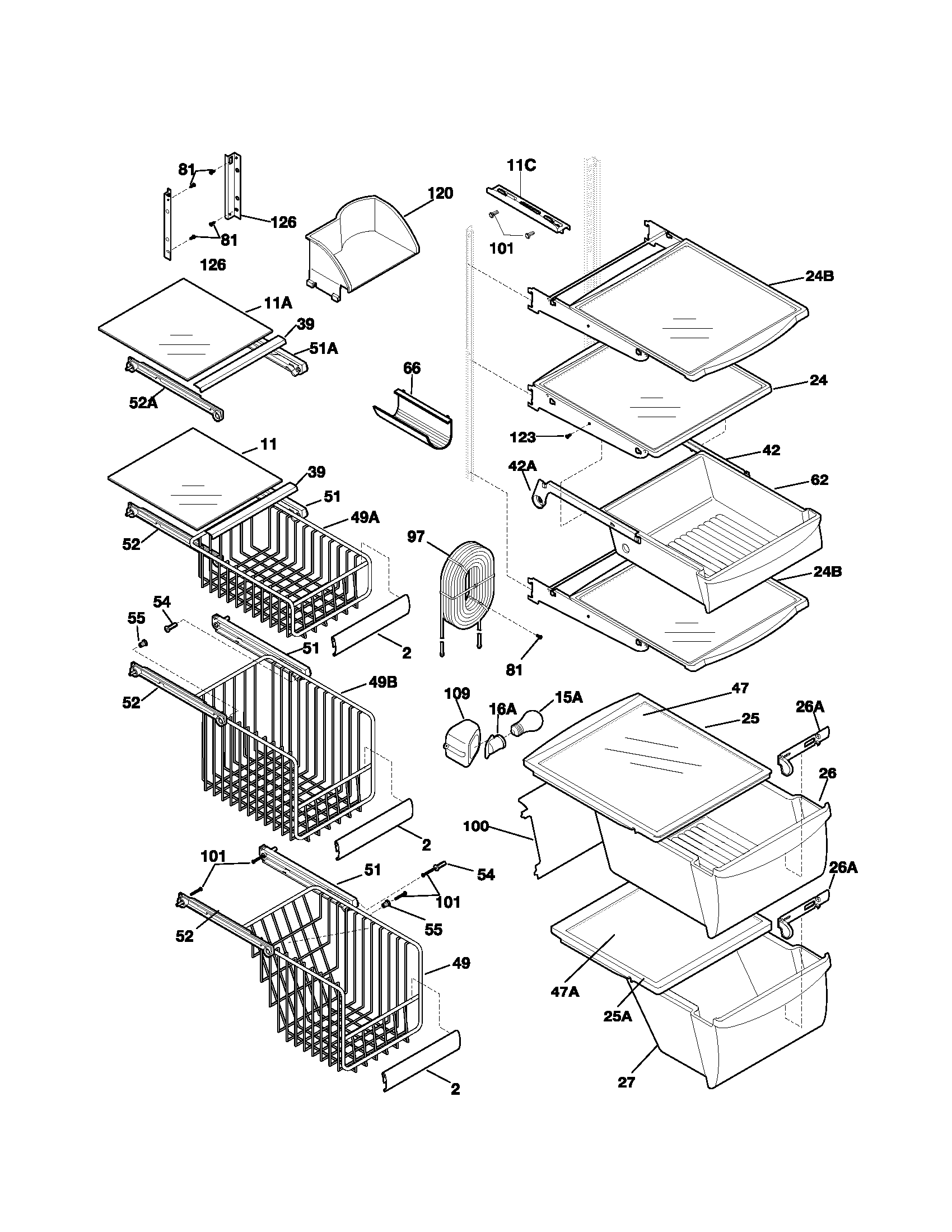 Frigidaire GLRS267ZAQ0 shelves diagram