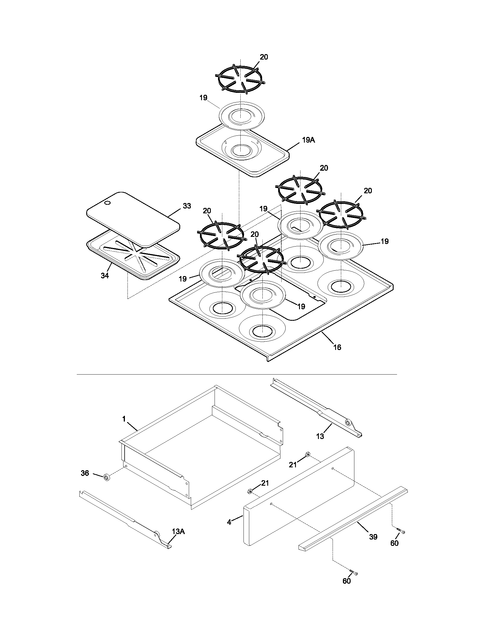 Tappan TGF657BFU1 top/drawer diagram