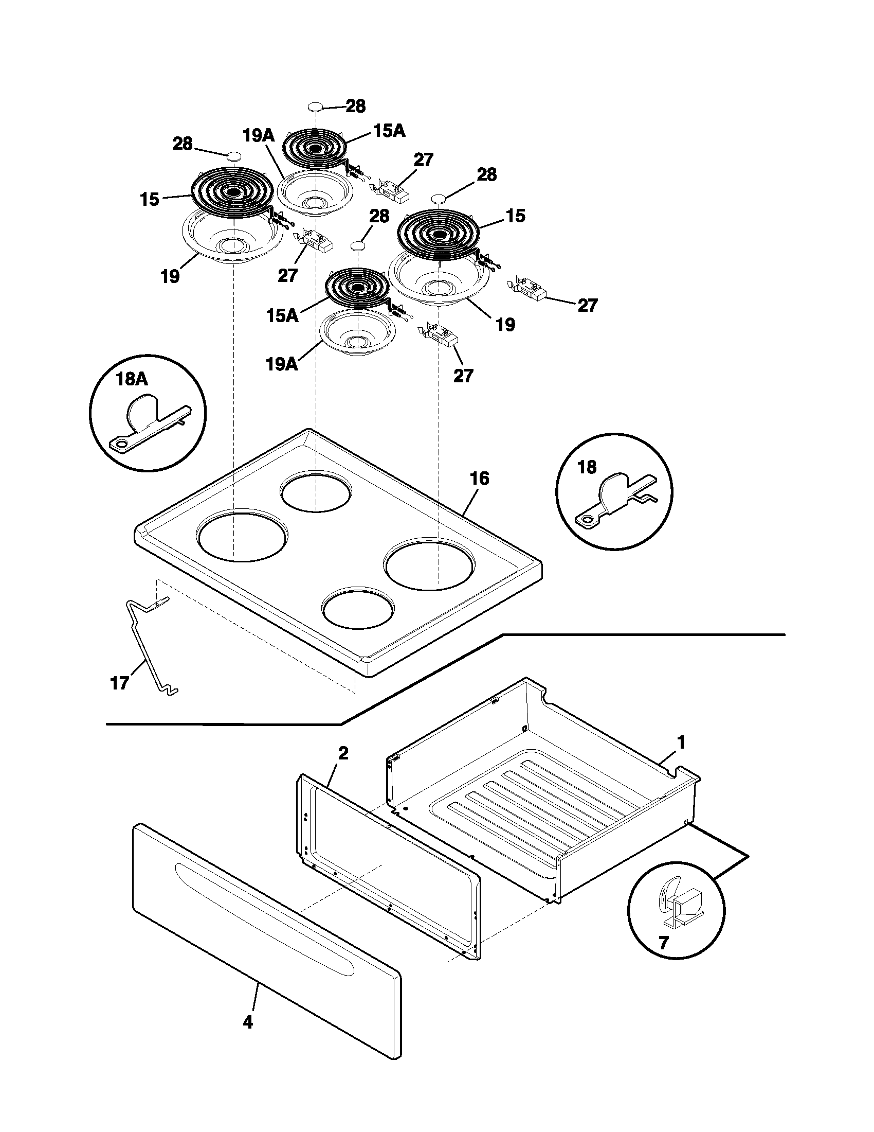 Tappan TEF317AWA top/drawer diagram
