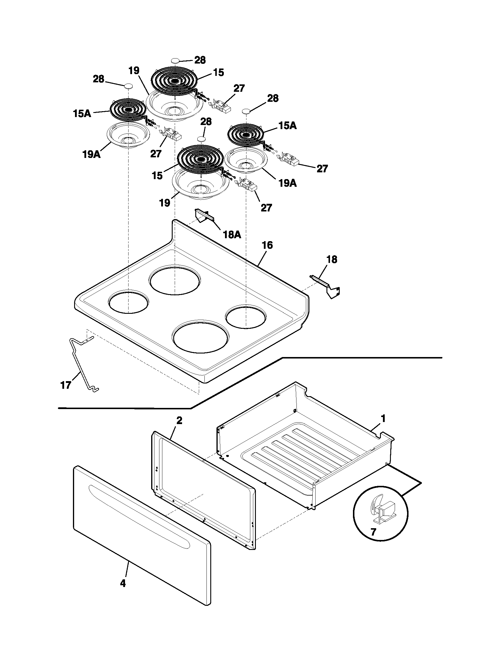 Frigidaire FEF355ABB top/drawer diagram