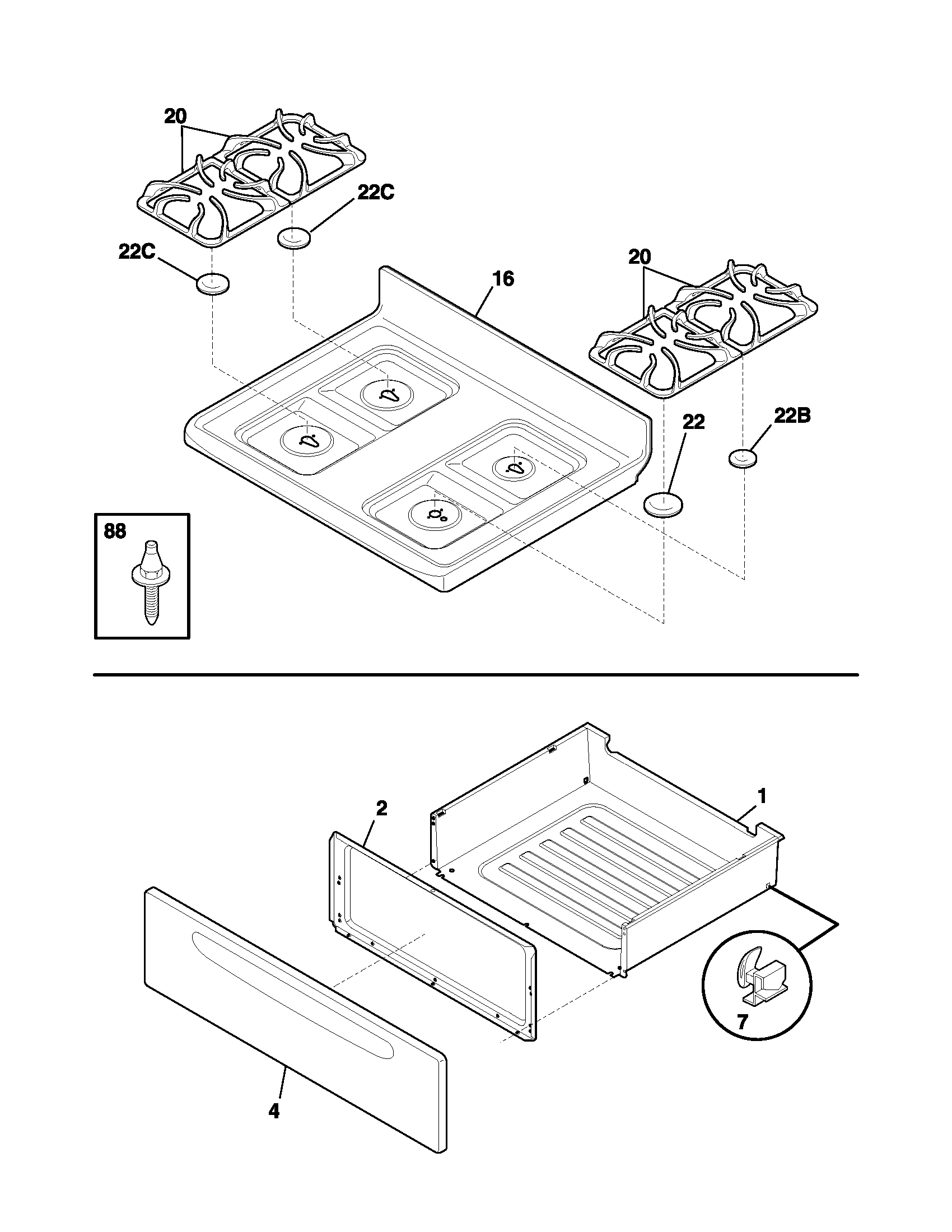 Frigidaire NGSG3PZAQA top/drawer diagram