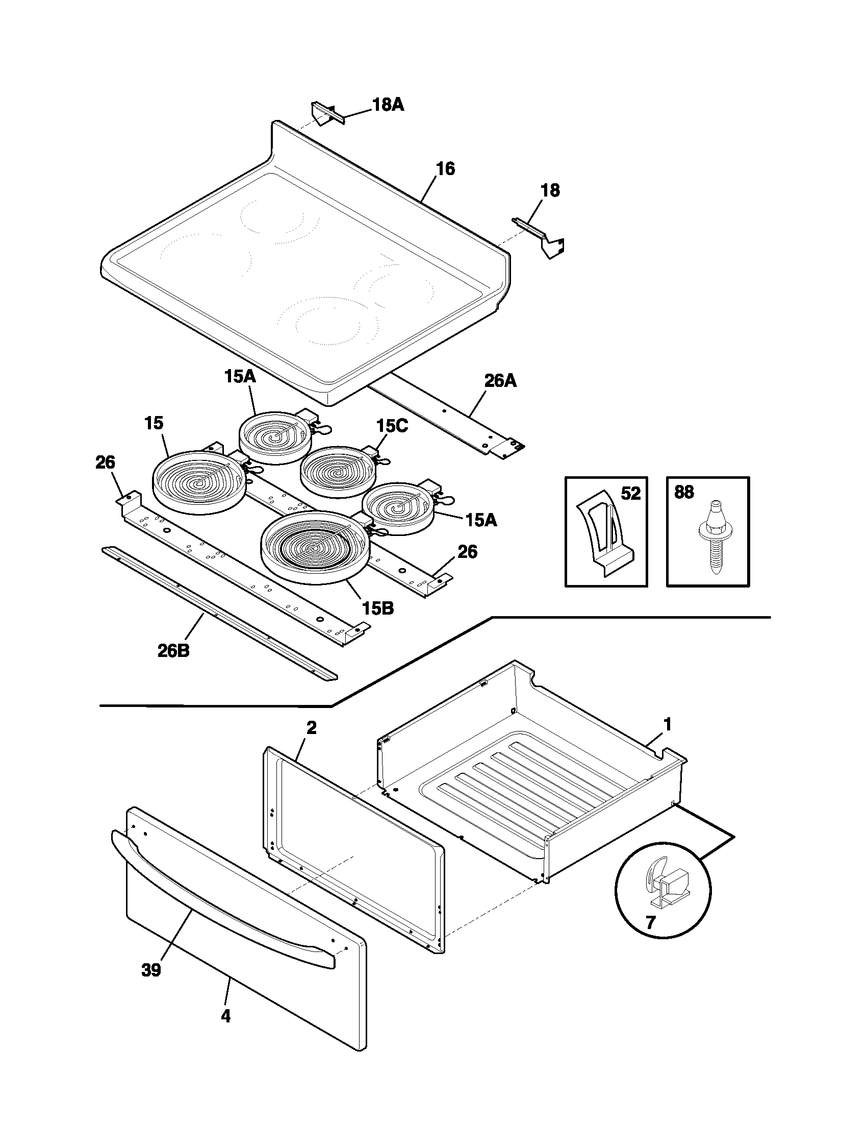 Frigidaire FEF379ACB top/drawer diagram