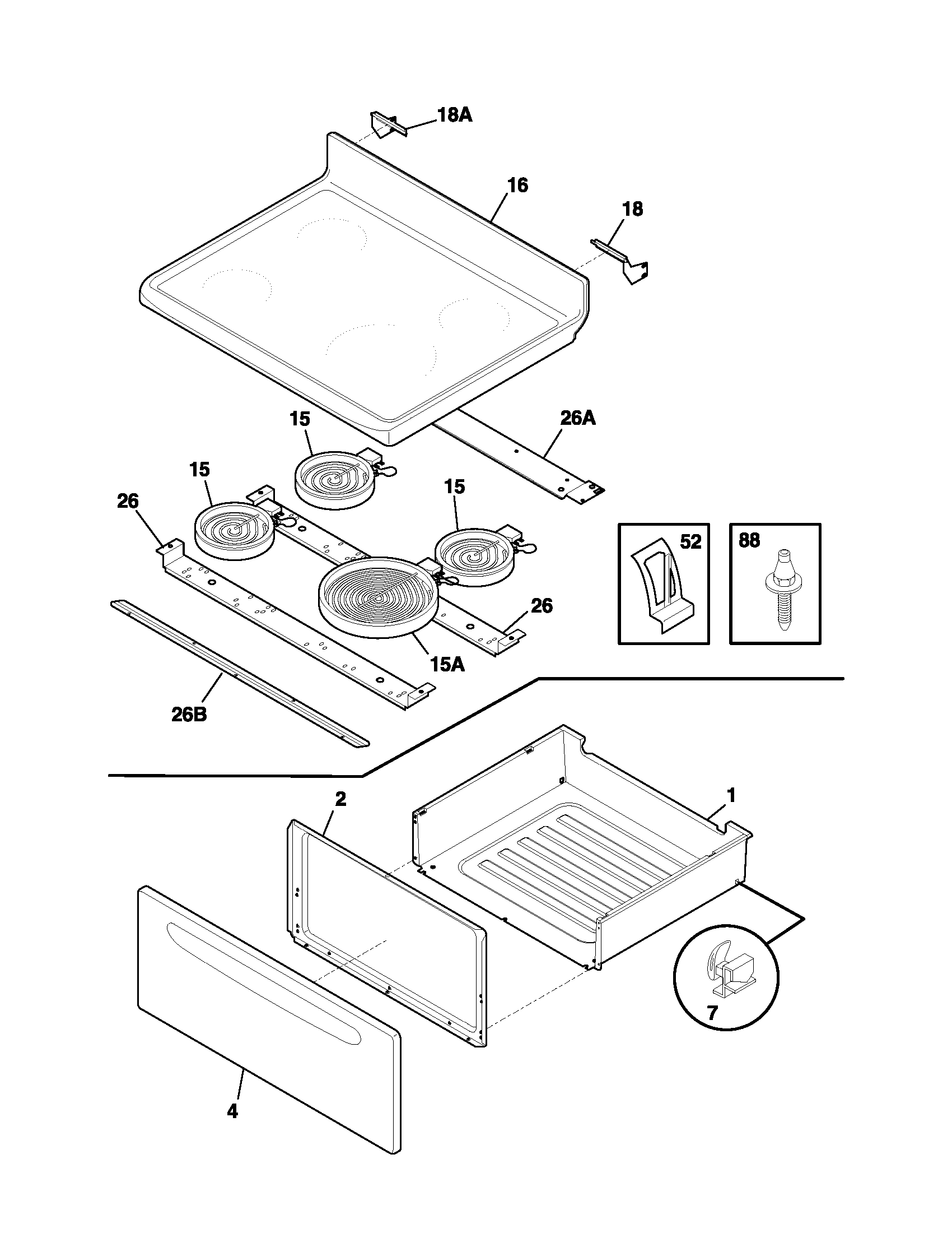 Frigidaire FEF361AWA top/drawer diagram