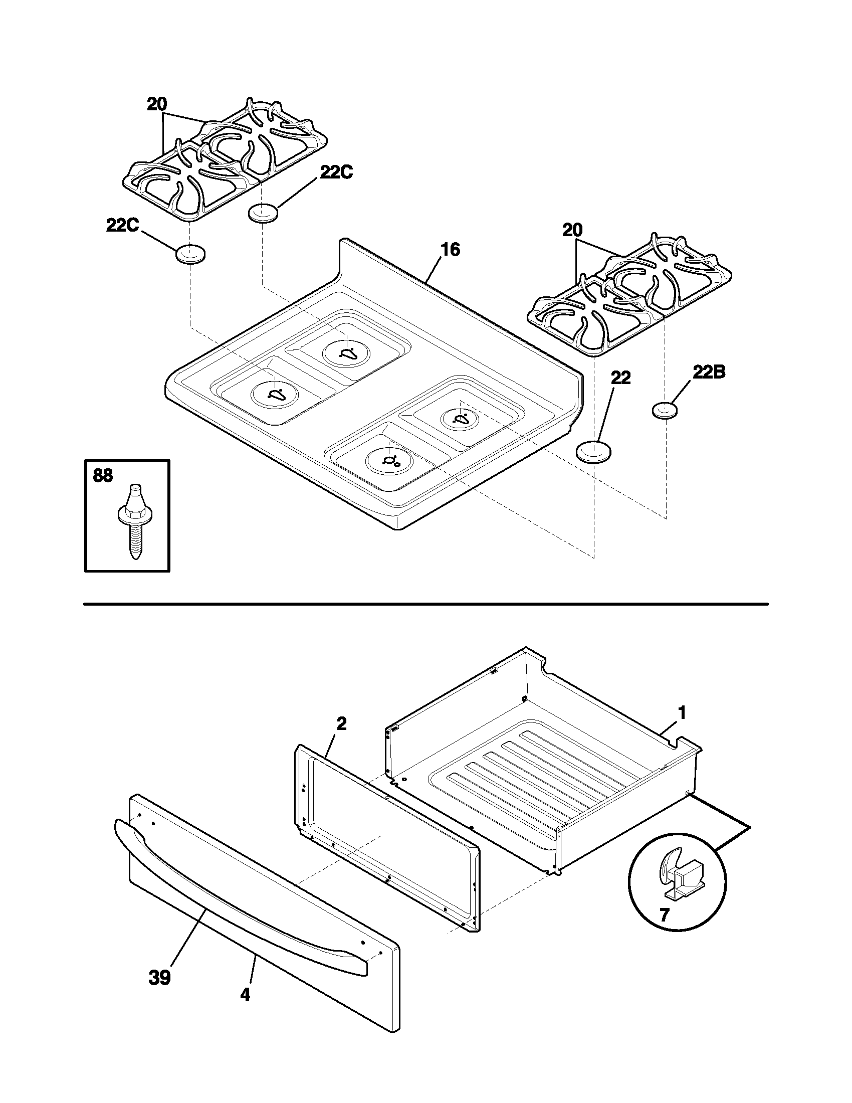 Frigidaire FGF378ACA top/drawer diagram