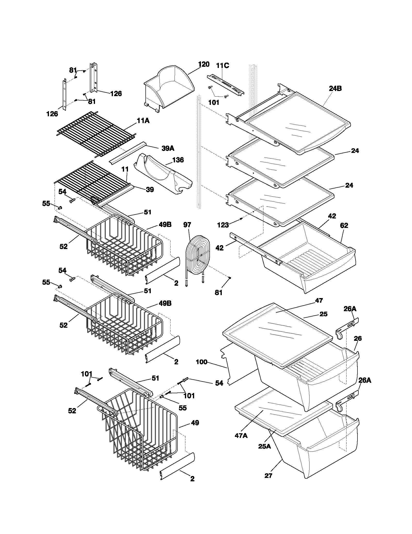 Frigidaire GLHS264ZAW0 shelves diagram
