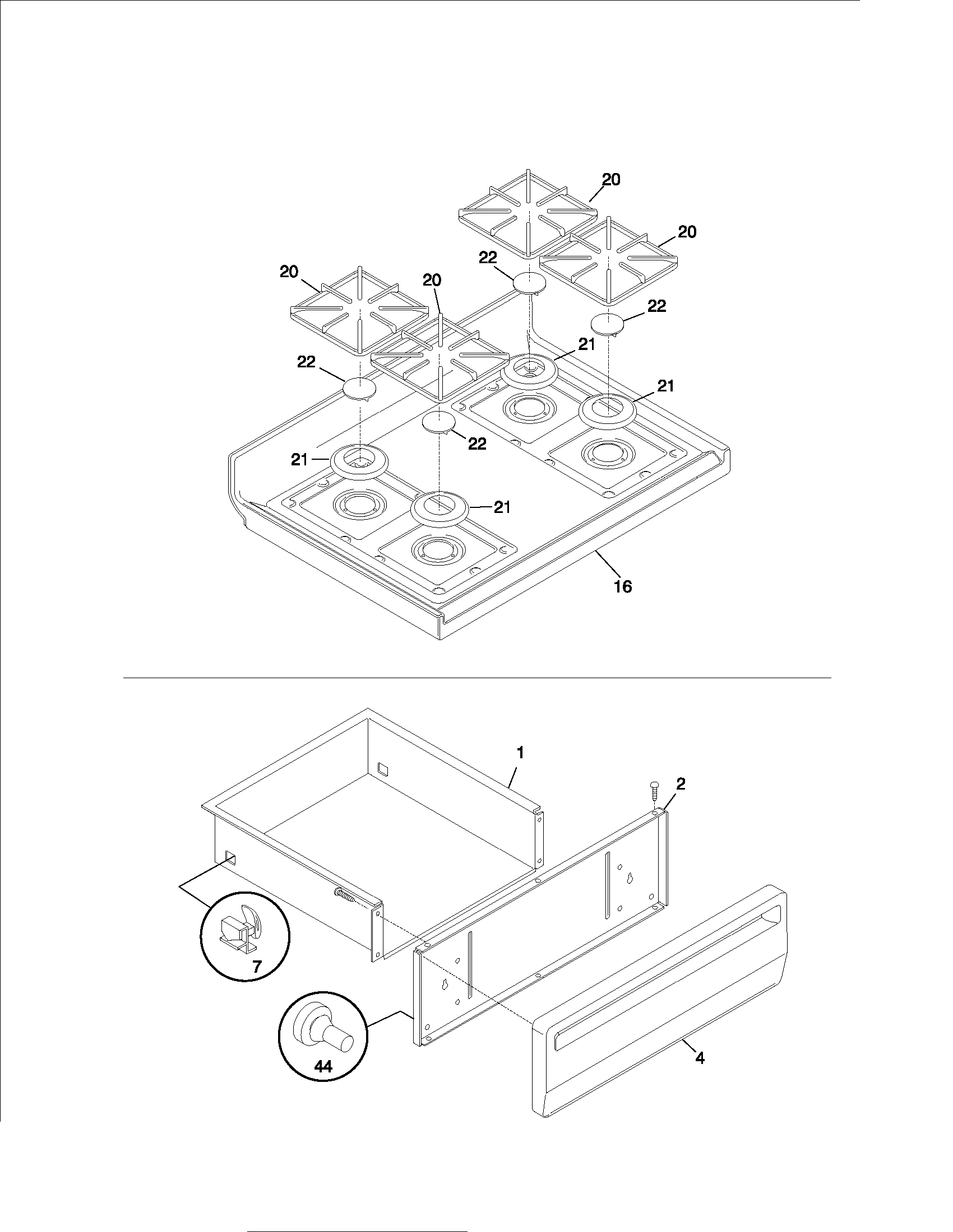 Tappan TGF351SHWB top/drawer diagram