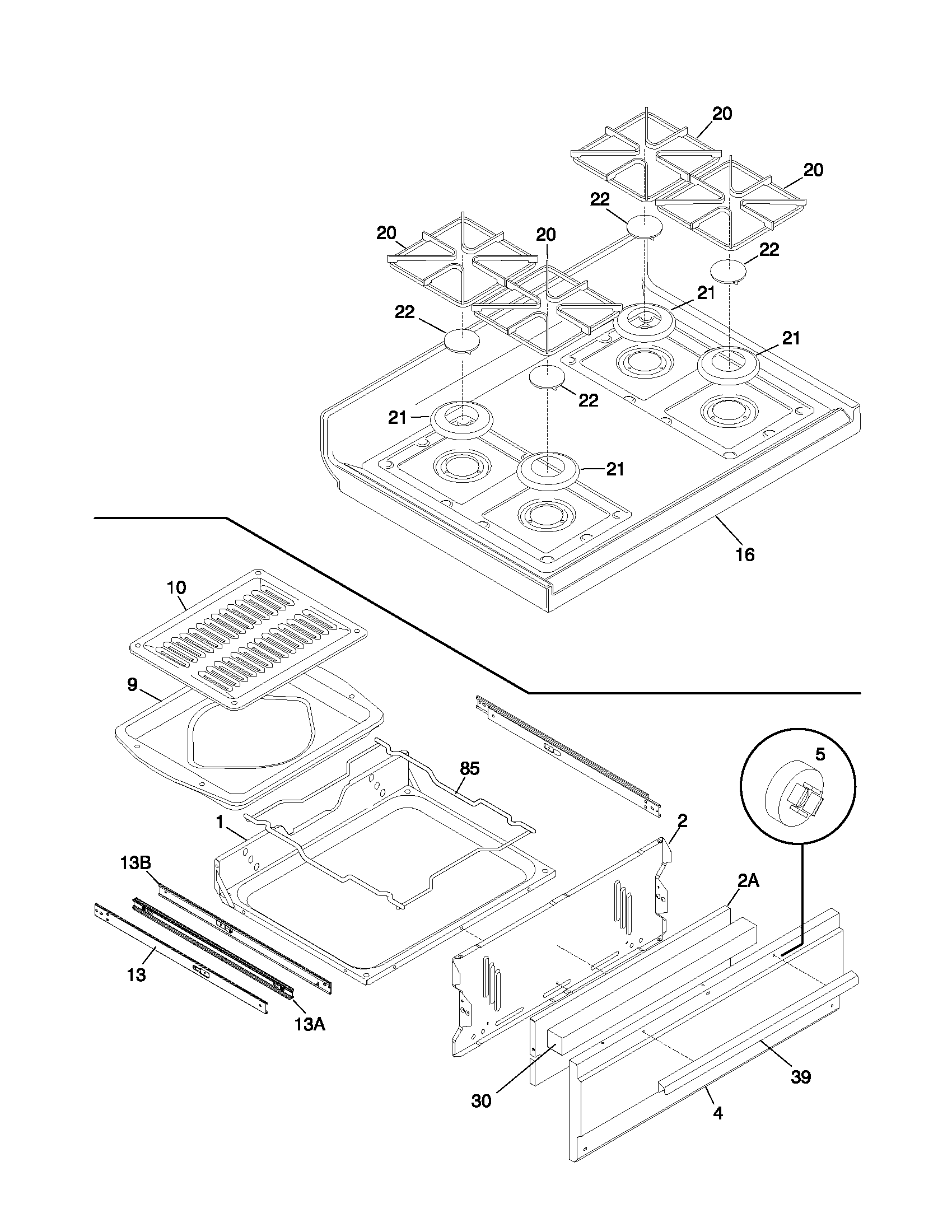 Tappan TGF326WHTD top/drawer diagram