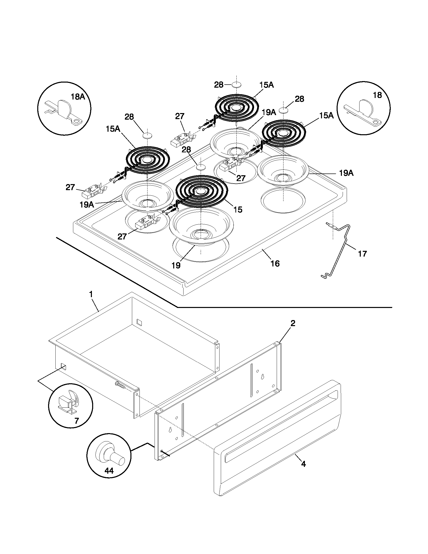 Universal/Multiflex (Frigidaire) MEF331BHDB top/drawer diagram