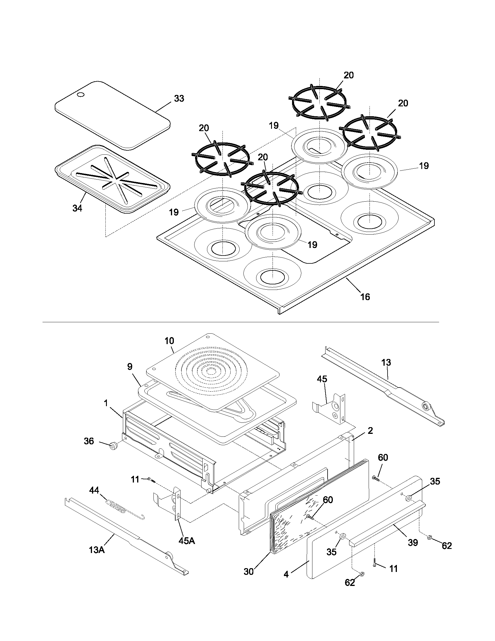 Tappan TGF605WFU1 top/drawer diagram