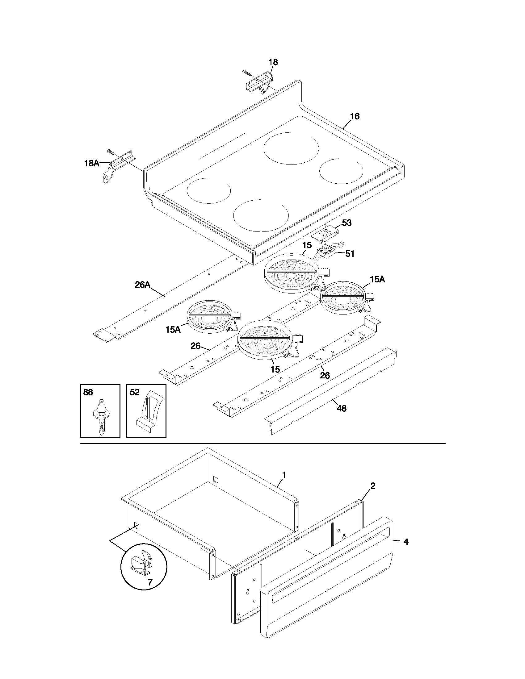 Frigidaire FEF336BGWF top/drawer diagram