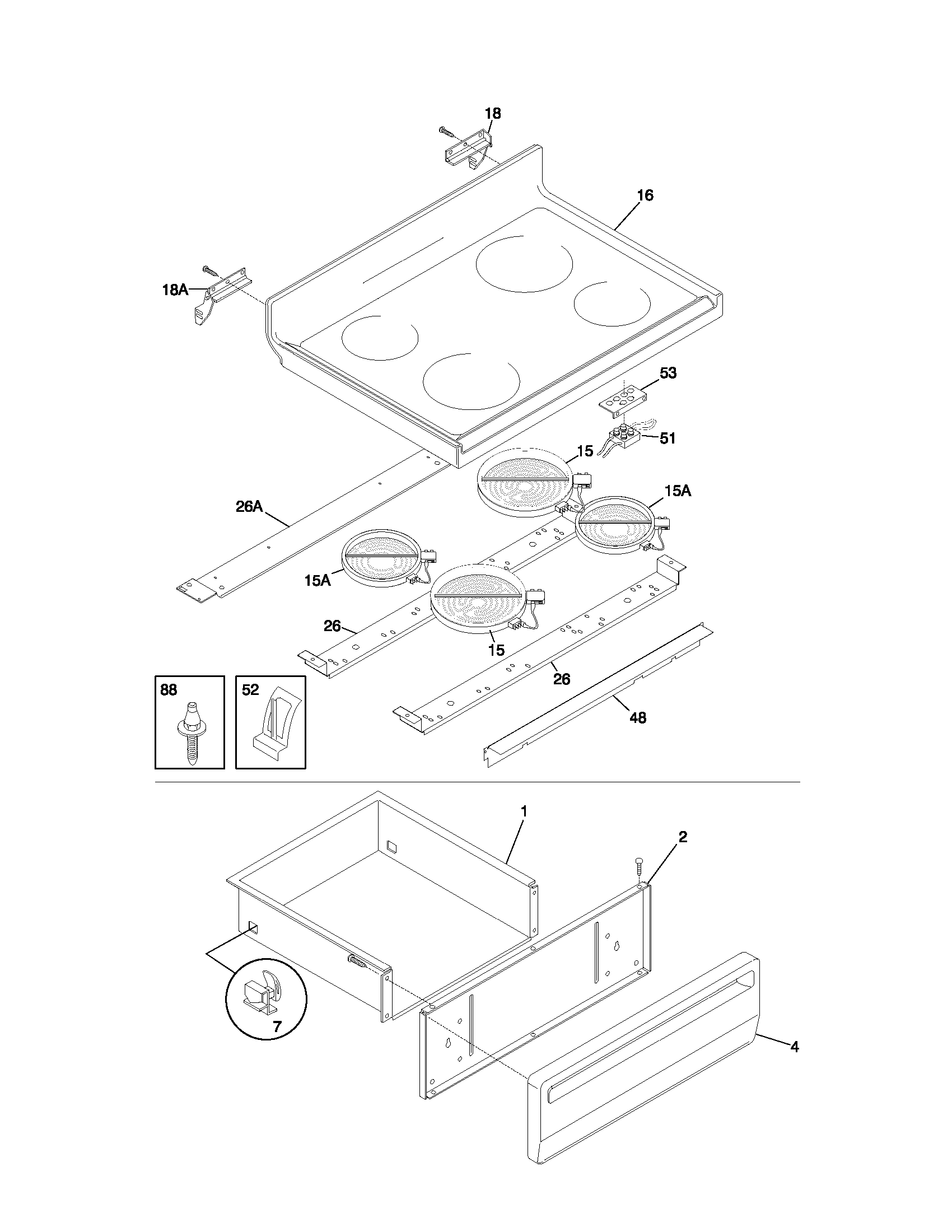 Frigidaire FEF365BGDE top/drawer diagram
