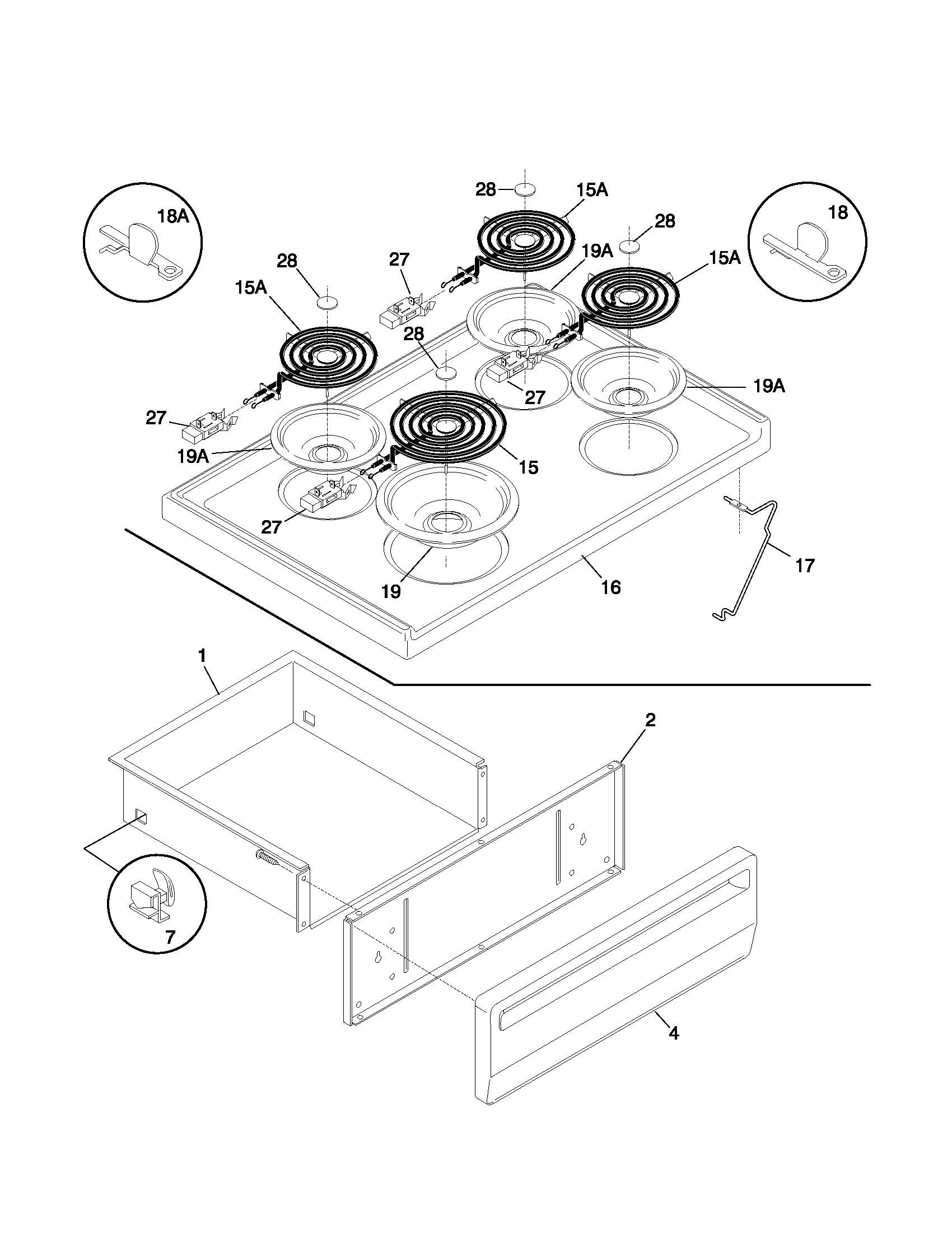 Frigidaire FEF304PHDB top/drawer diagram