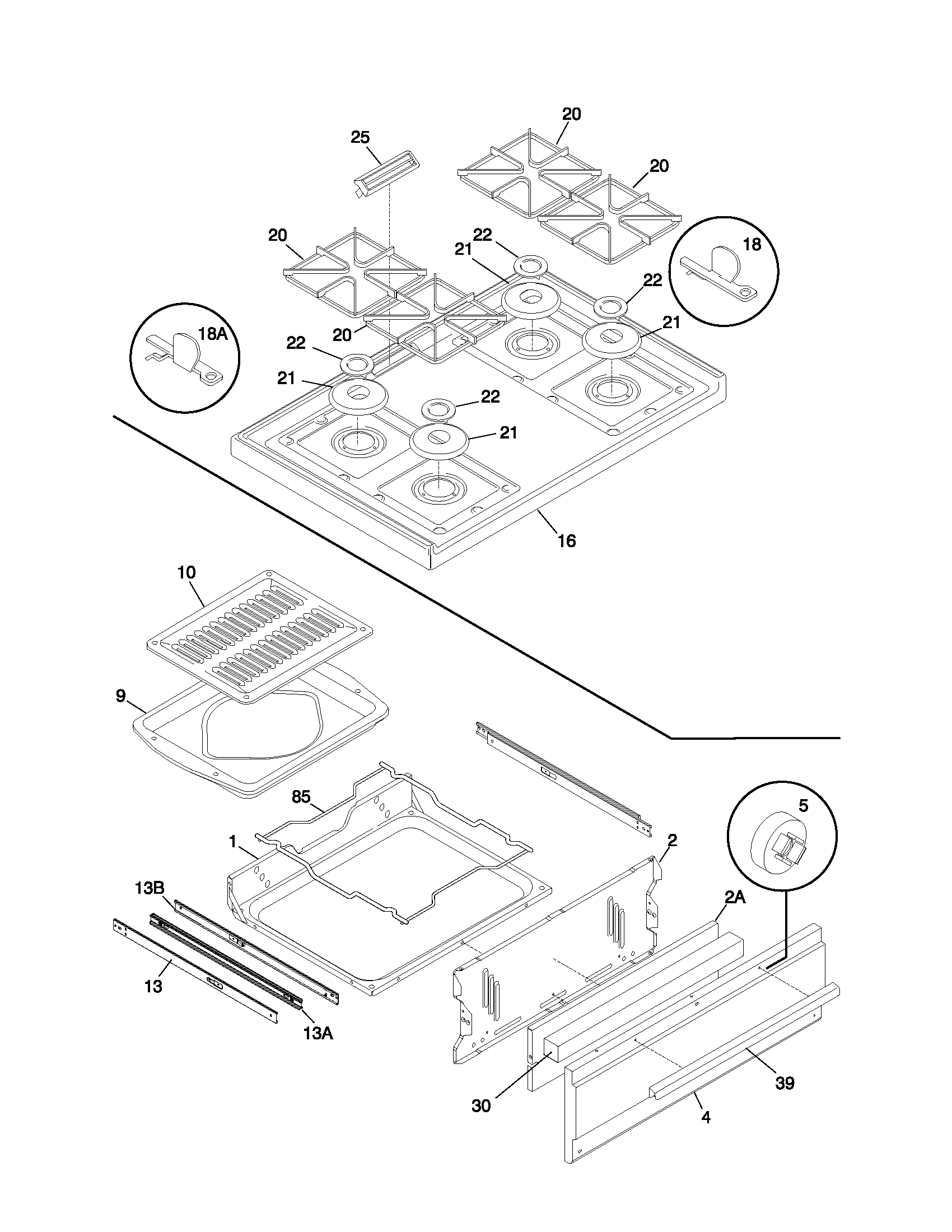 Frigidaire FGF326WGSJ top/drawer diagram