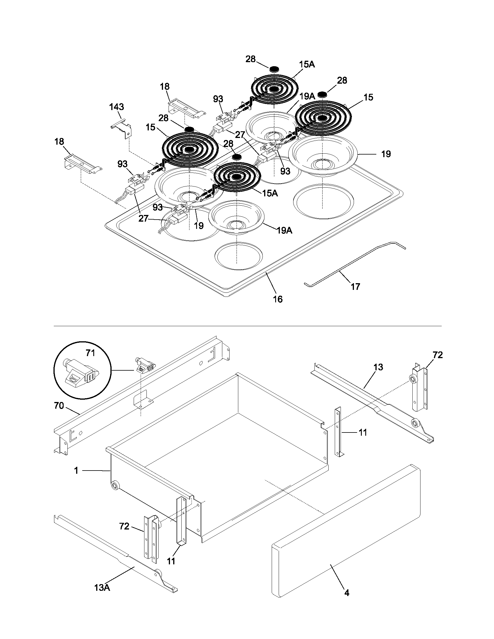 Frigidaire FES300ASA top/drawer diagram