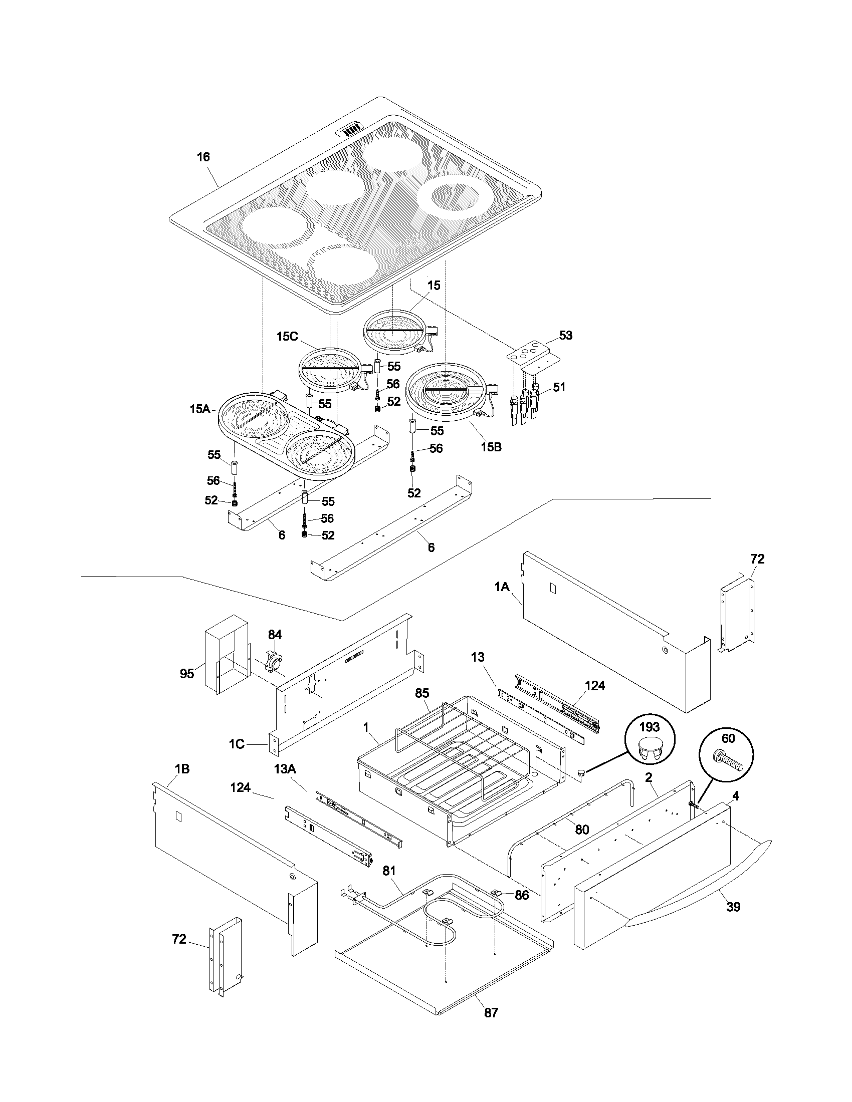 Frigidaire PLES389ACA top/drawer diagram
