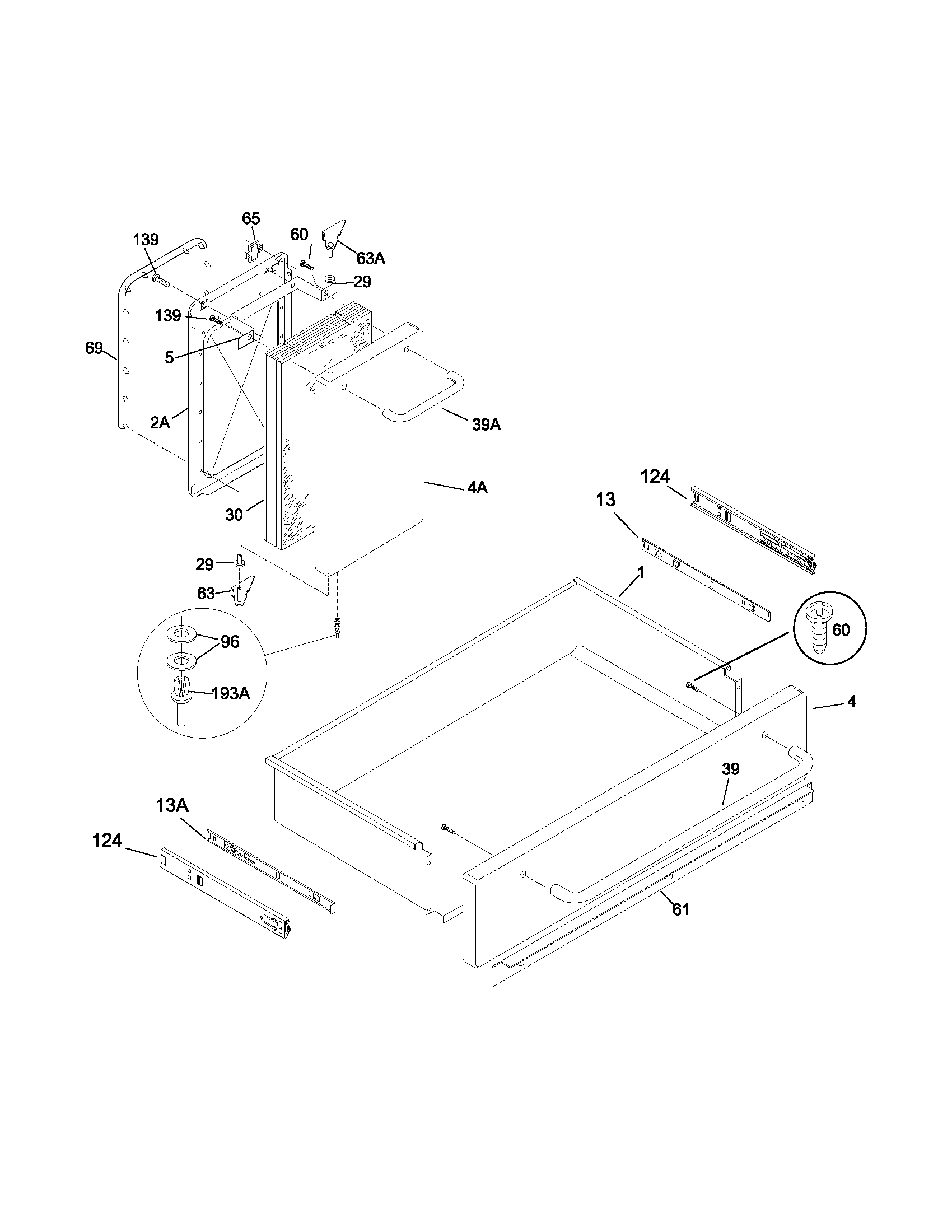 Frigidaire PLEF489ACB drawer & small door diagram