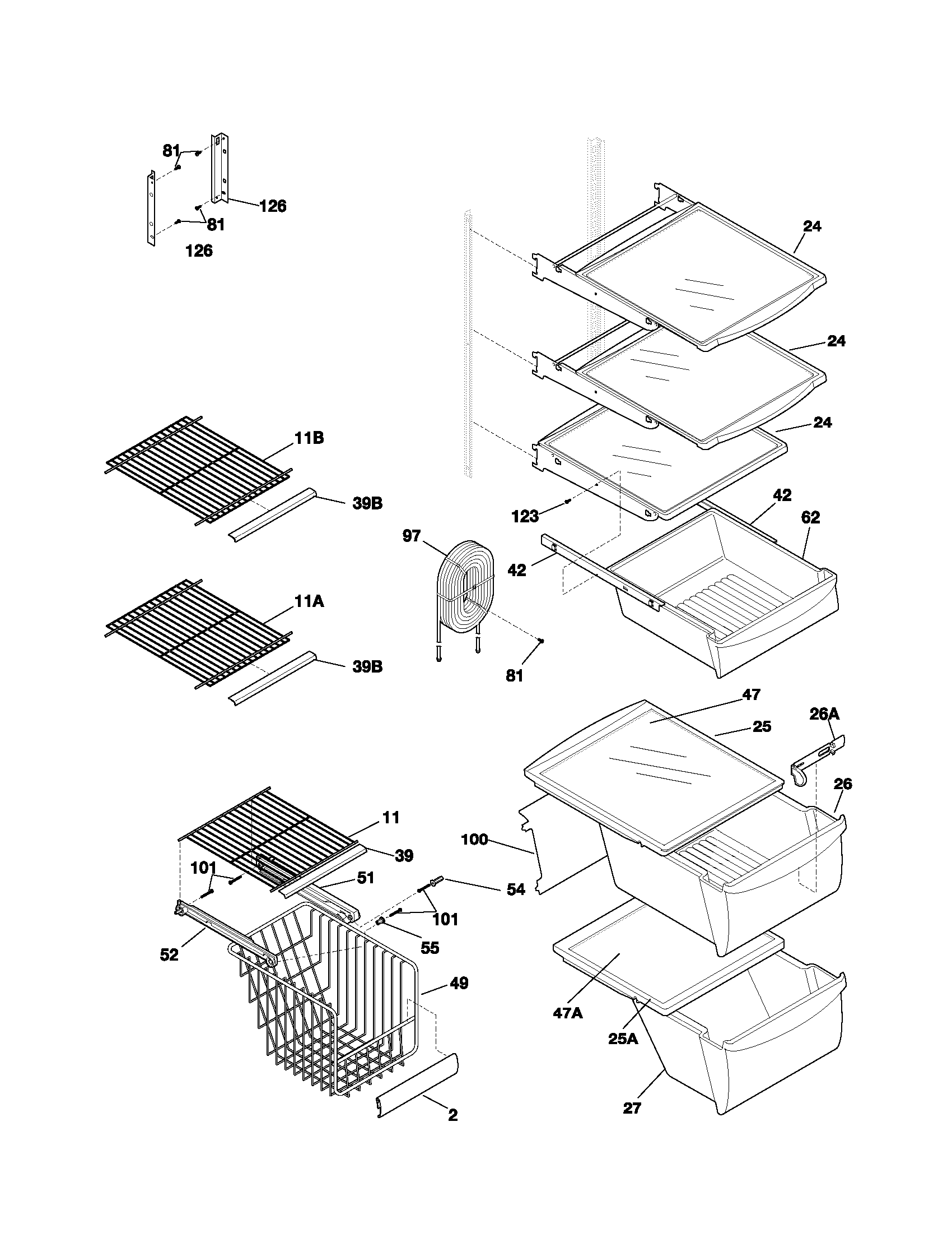 Frigidaire FRS26R4AW2 shelves diagram