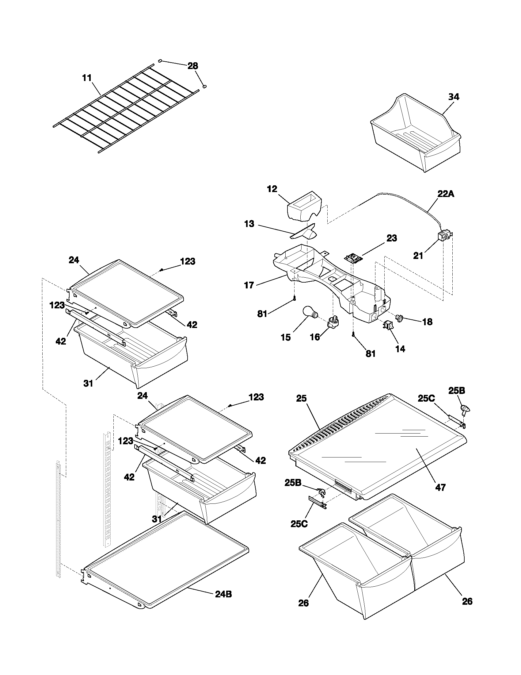 Frigidaire FRT21LR7AQ5 shelves diagram