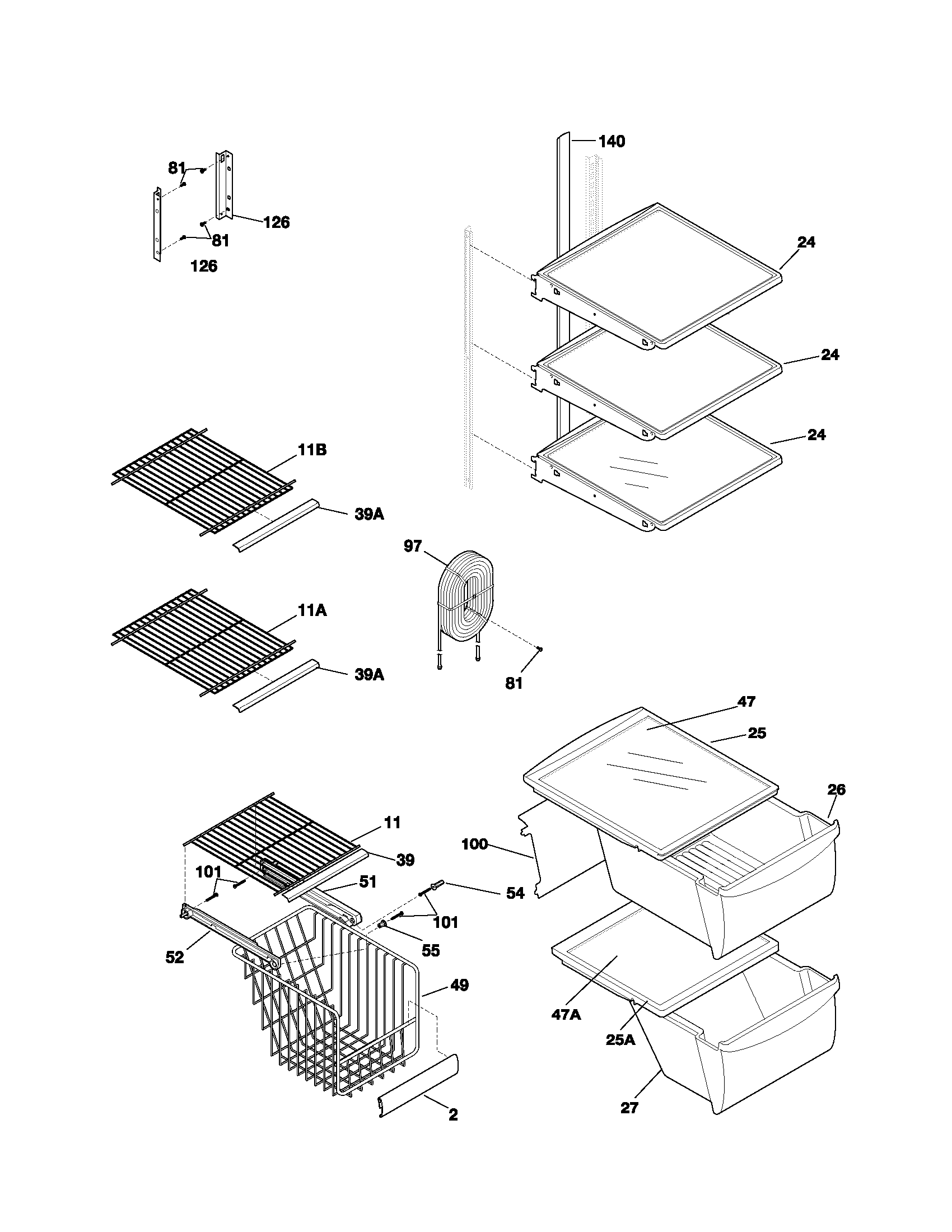 Frigidaire FRS26R2AW0 shelves diagram