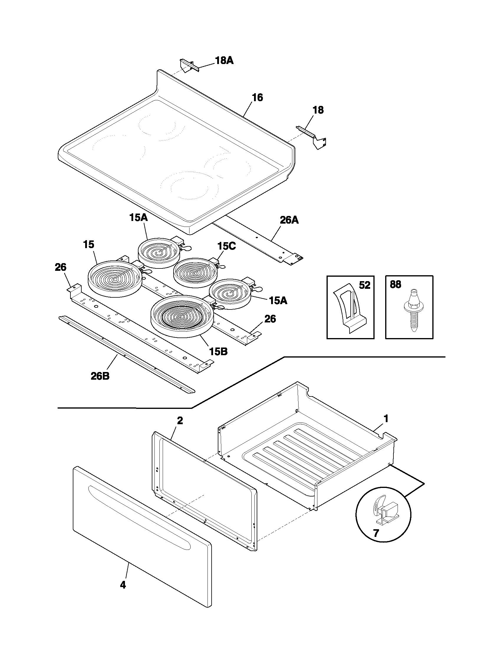 Frigidaire FEFL77AQE top/drawer diagram