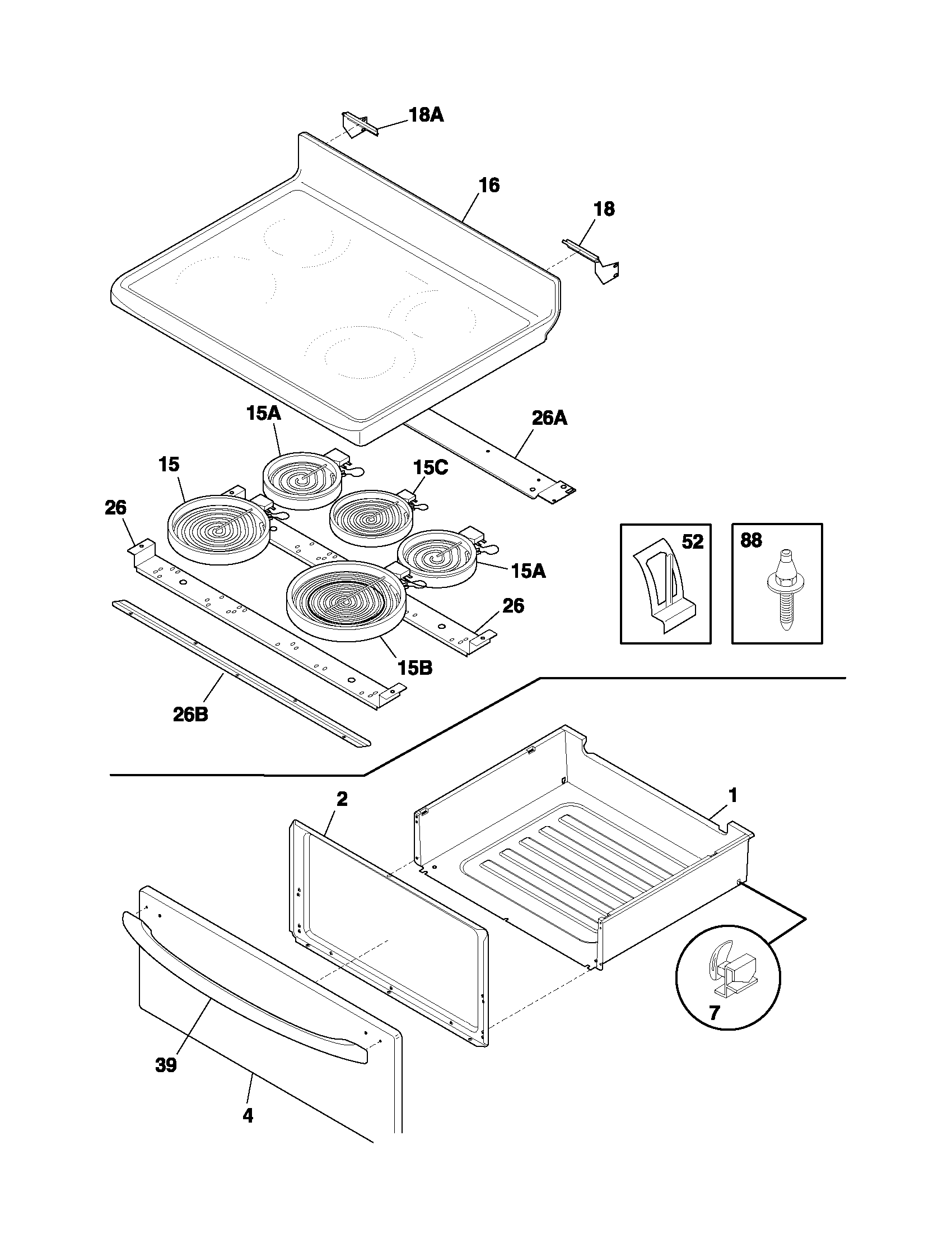 Frigidaire FEF379ACE top/drawer diagram