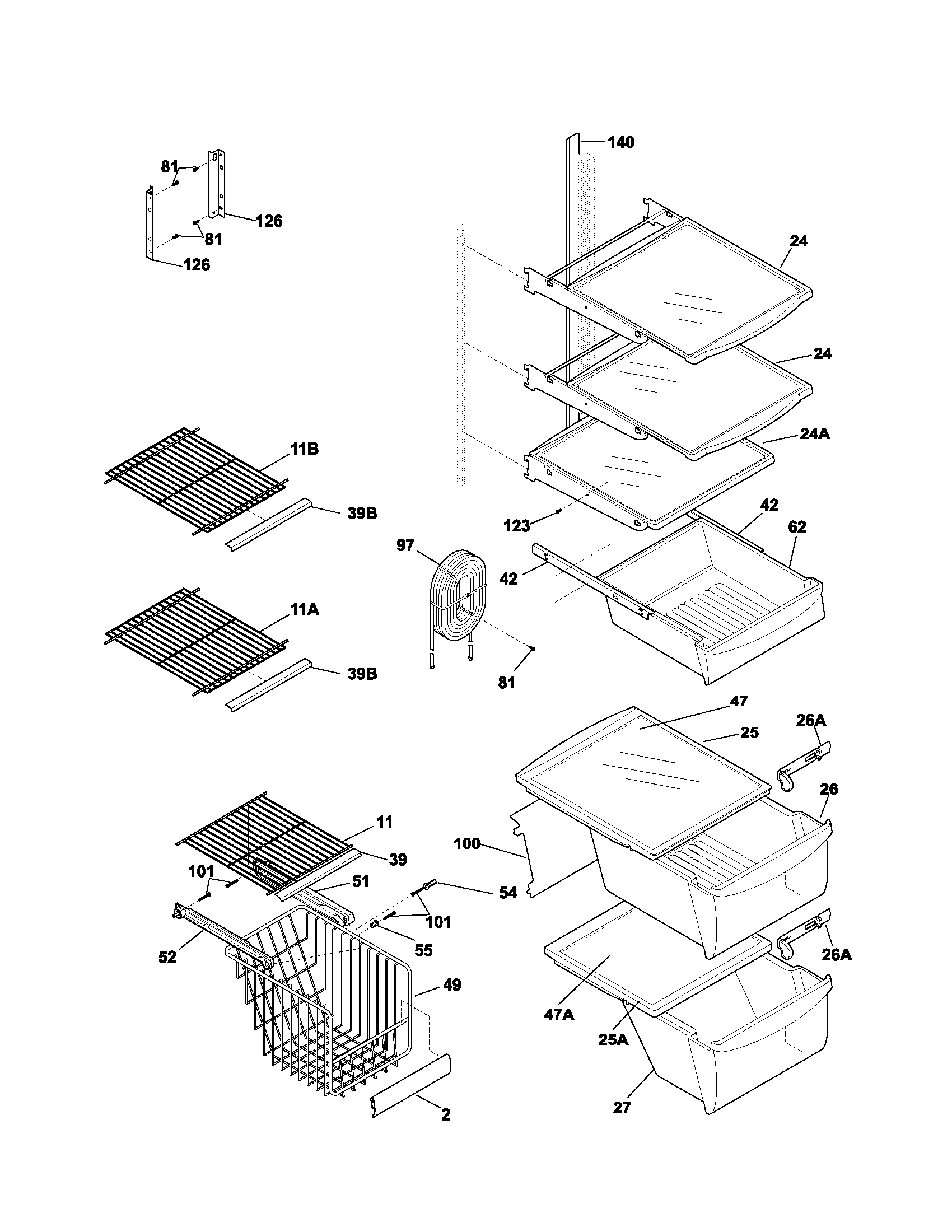 Frigidaire FRS26R4AB4 shelves diagram