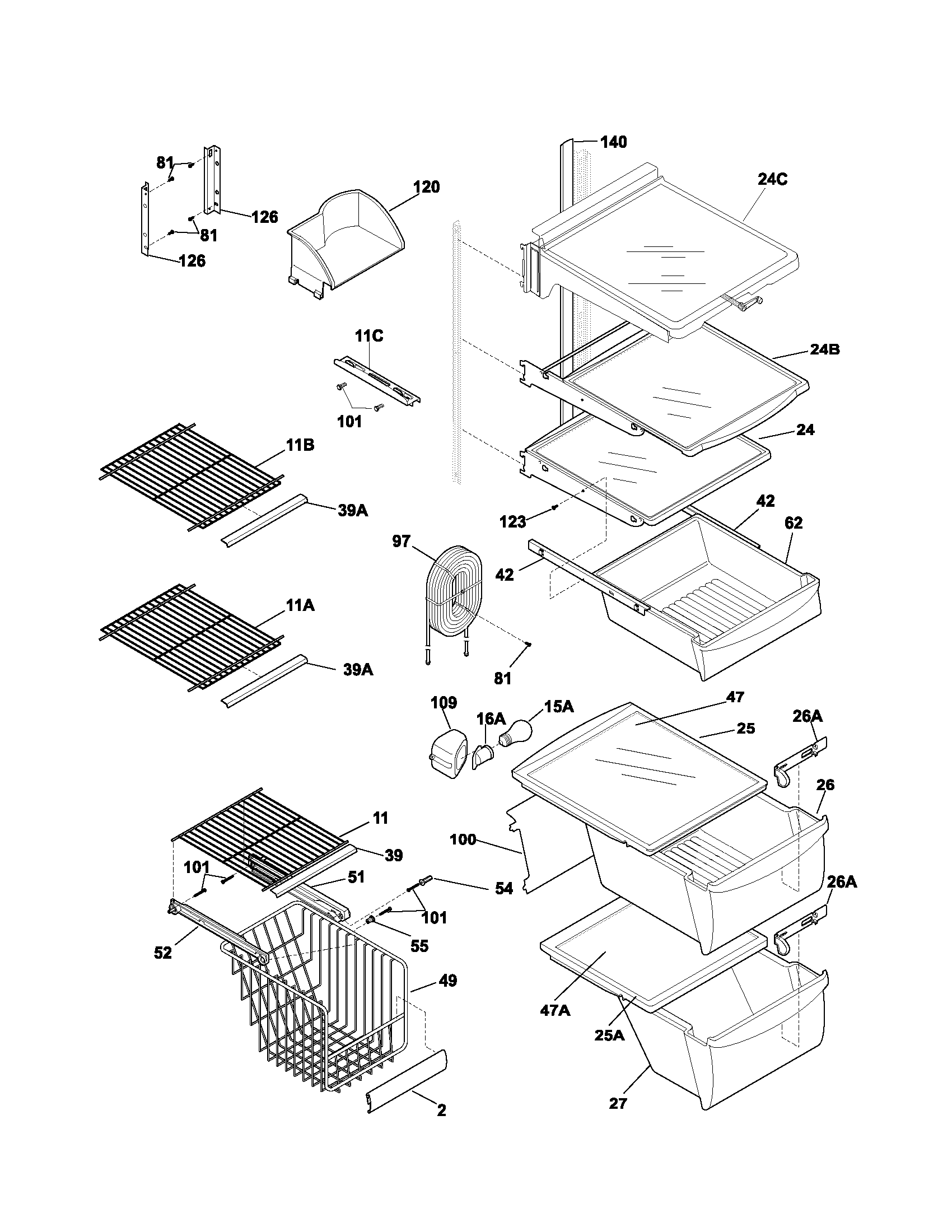 Frigidaire FRS26KF7AB3 shelves diagram