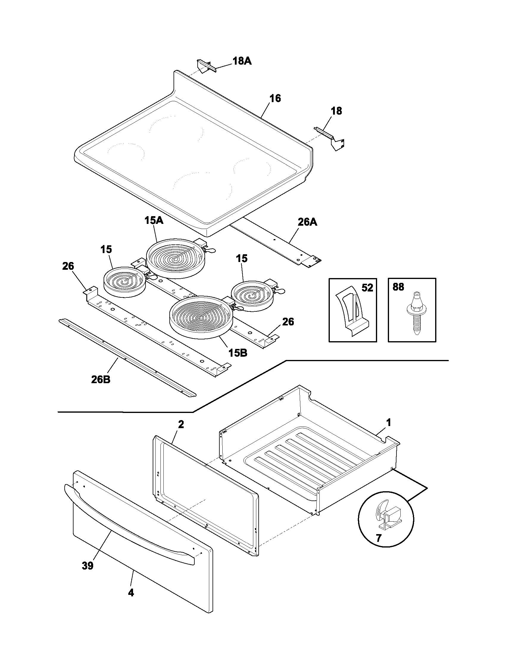 Frigidaire FEF336BCA top/drawer diagram