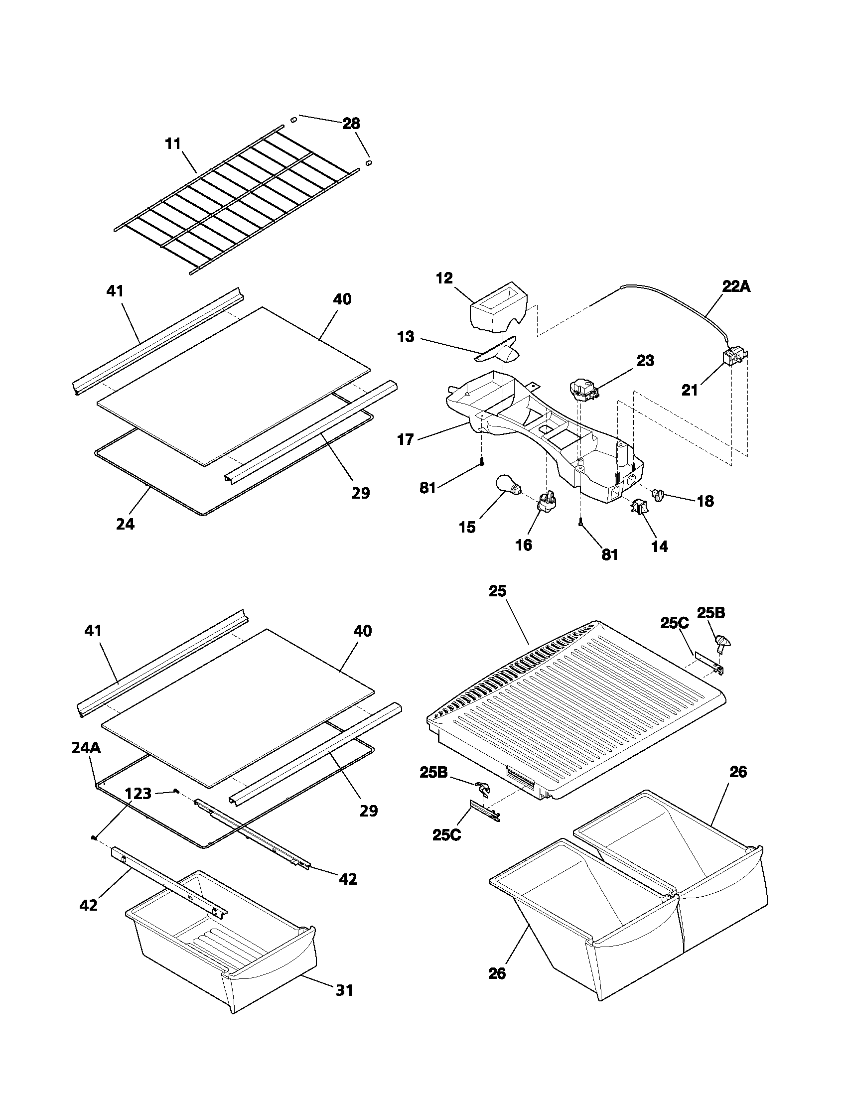 Frigidaire FRT17G4BW0 shelves diagram