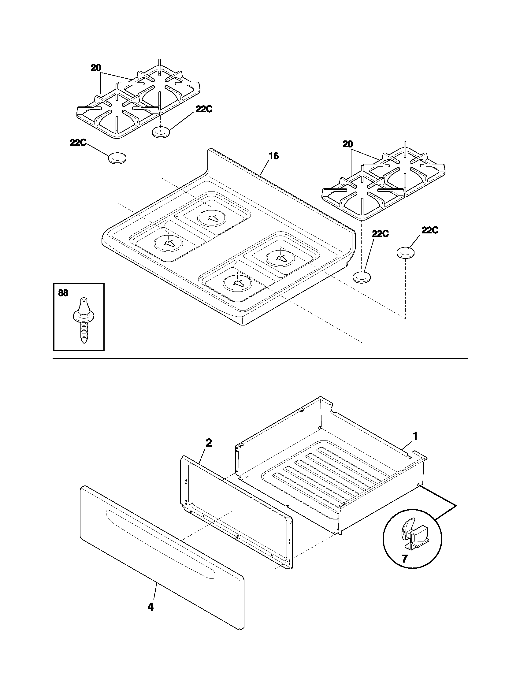 Tappan TGF351AWB top/drawer diagram