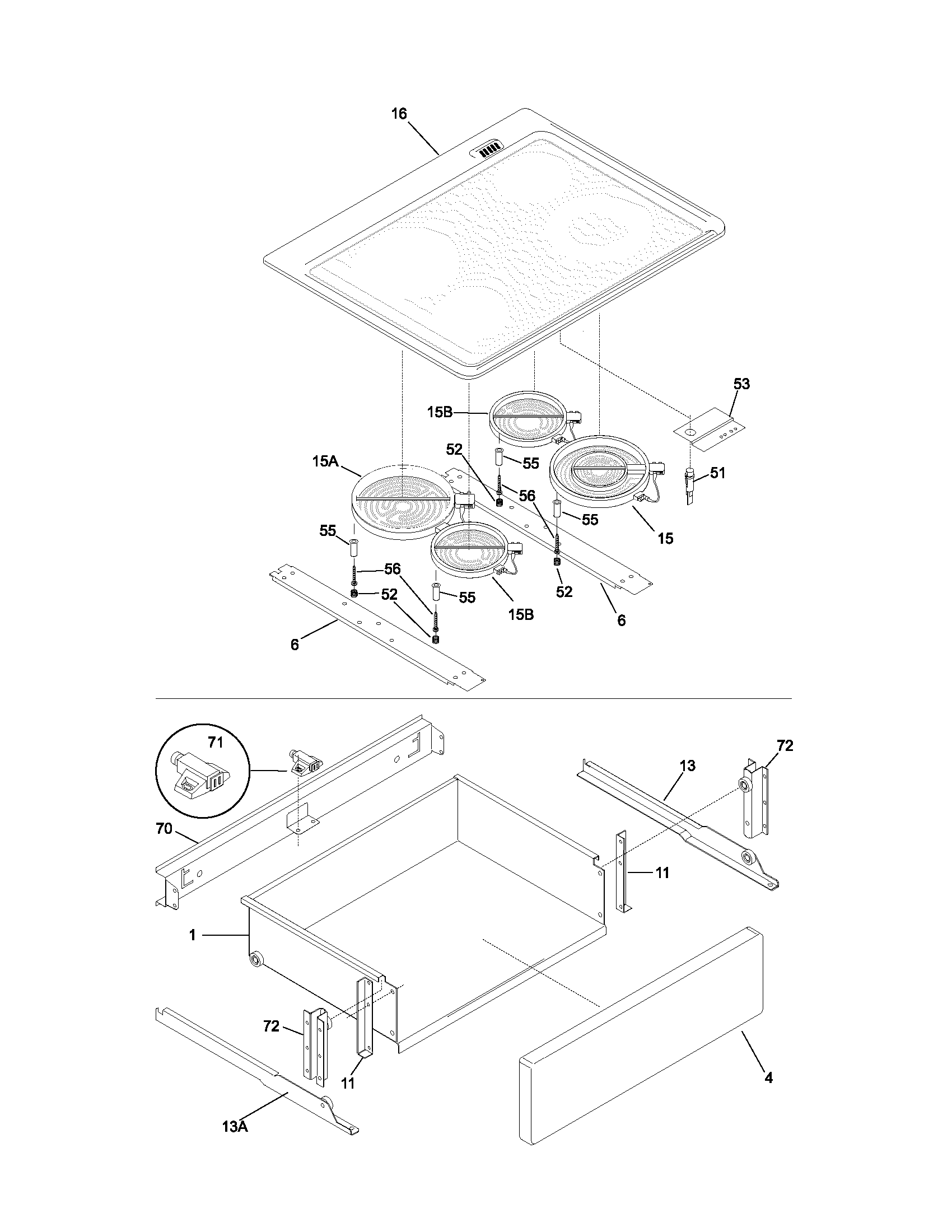 Frigidaire FES367ABD top/drawer diagram