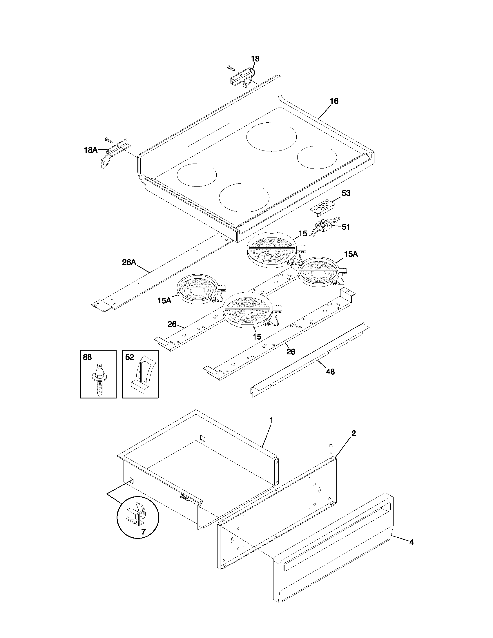 White-Westinghouse WEF365BHDB top/drawer diagram