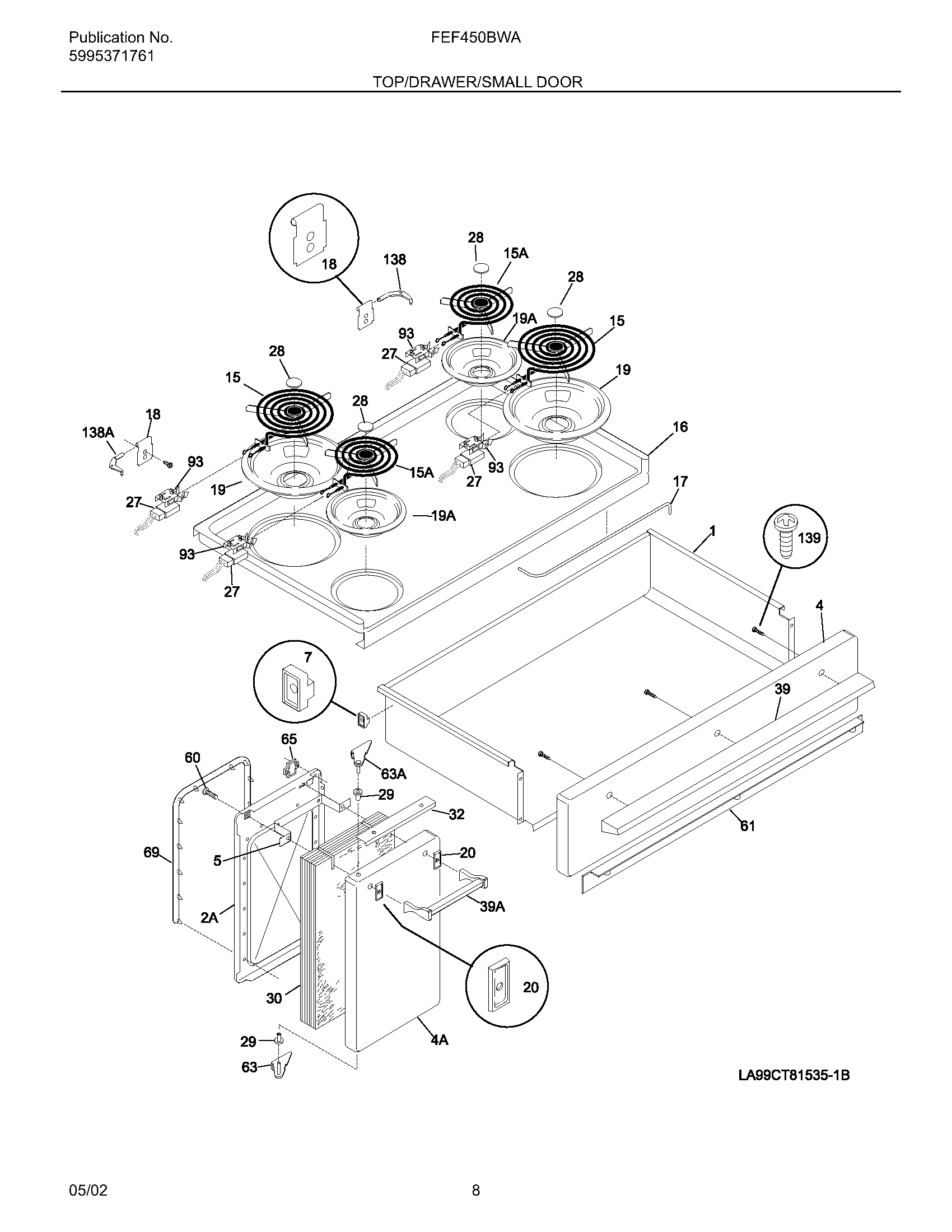 Frigidaire FEF450BWA top/drawer/small door diagram