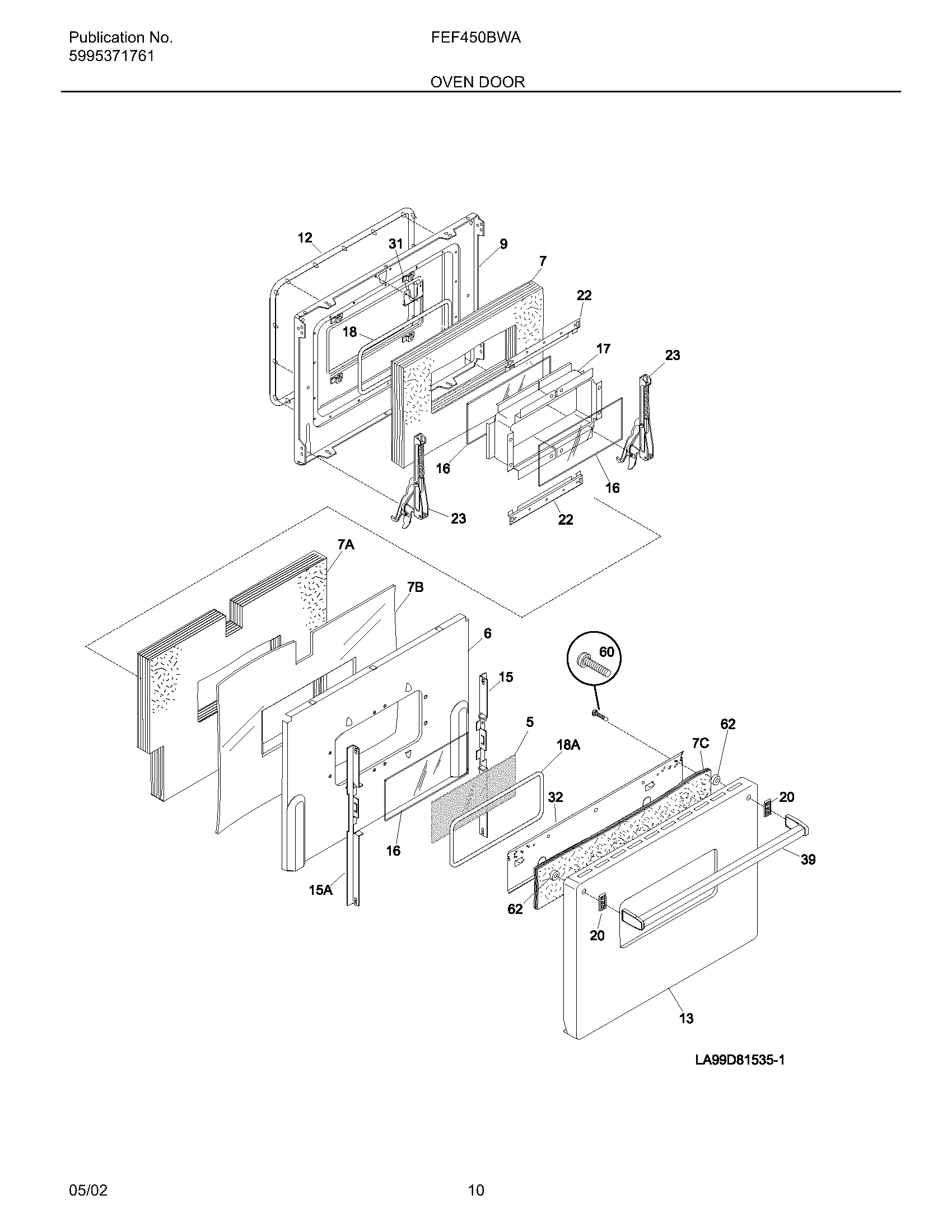 Frigidaire FEF450BWA oven door diagram