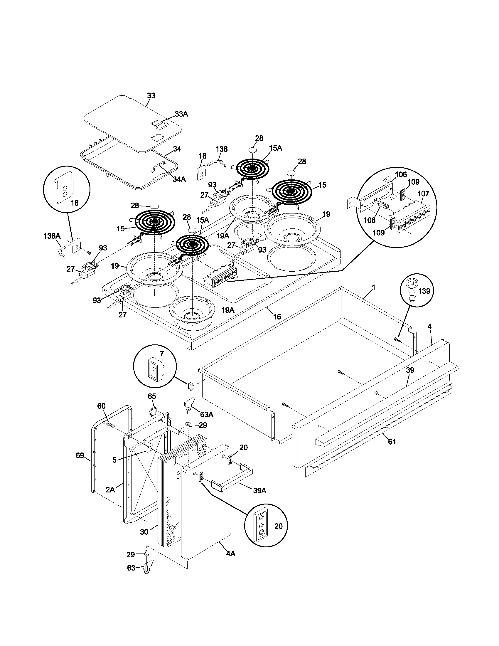 Frigidaire FEF455BBA top/drawer/small door diagram