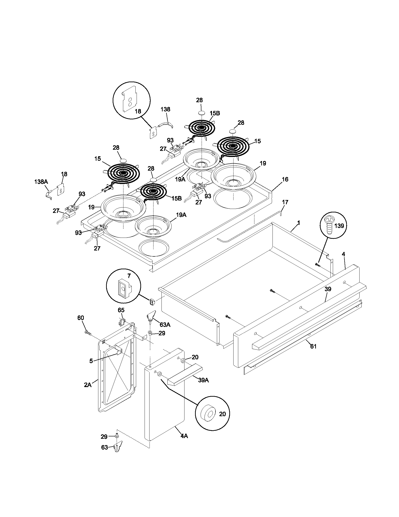 Frigidaire FEF402BWA top/drawer/small door diagram