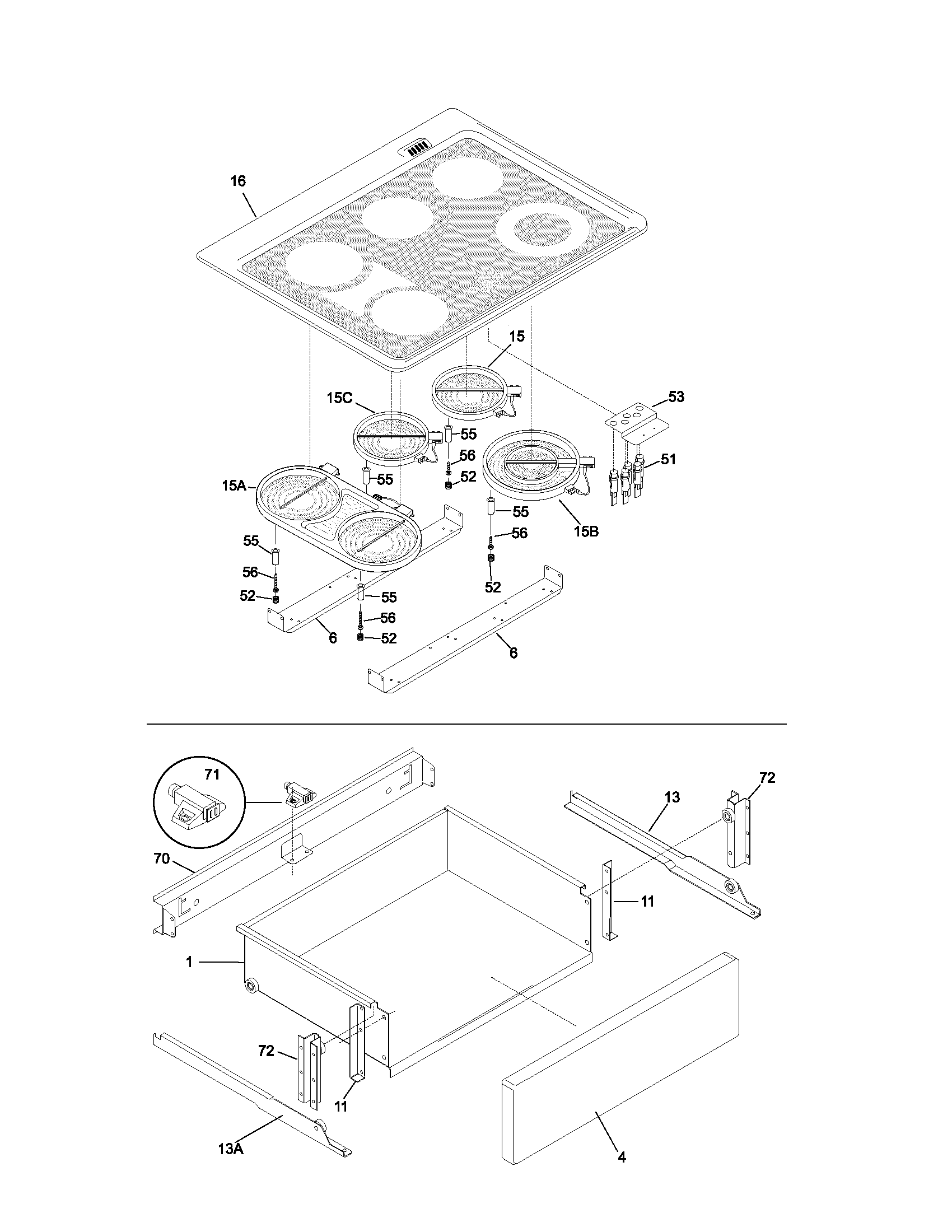 Frigidaire GLES388ASC top/drawer diagram