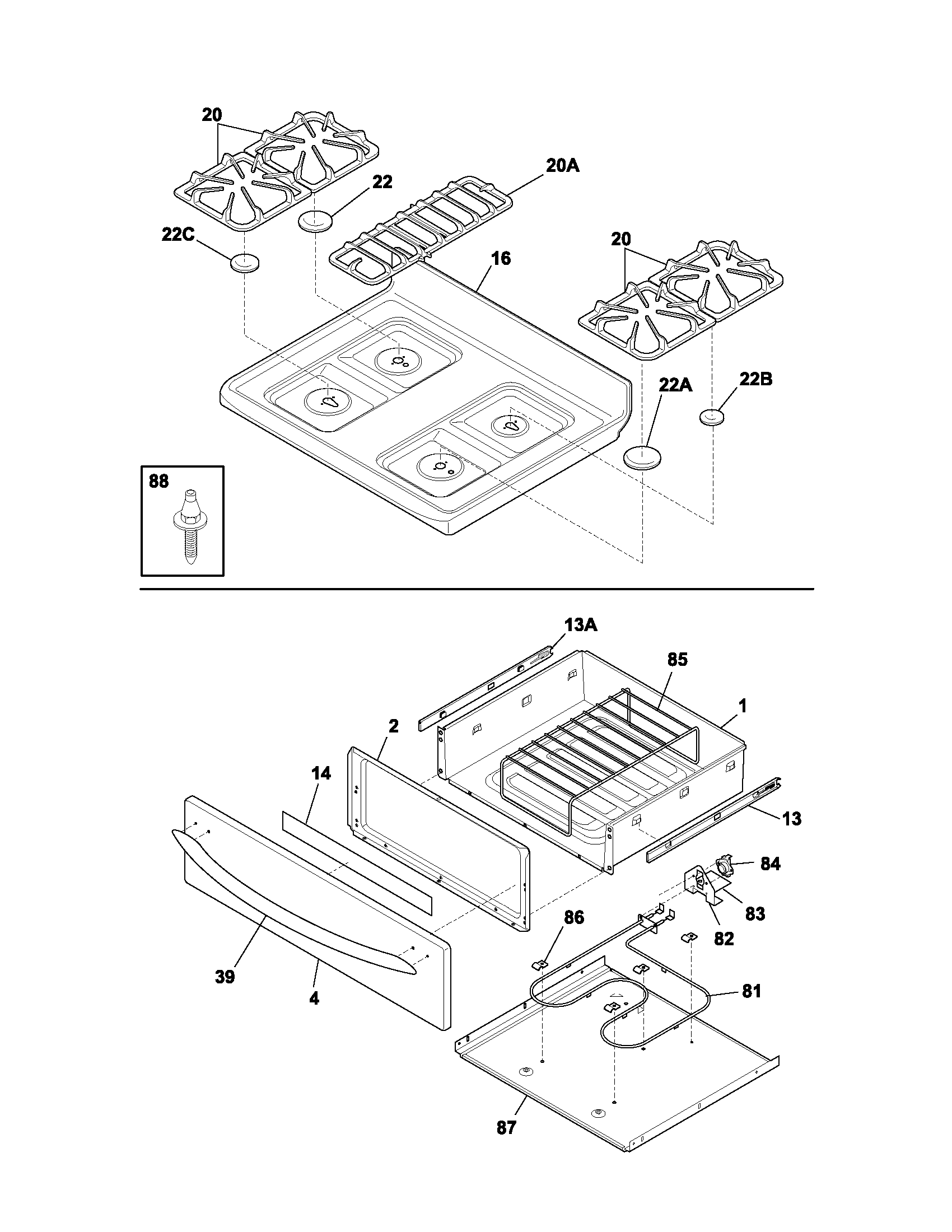 Frigidaire PLGF389ACC top/drawer diagram