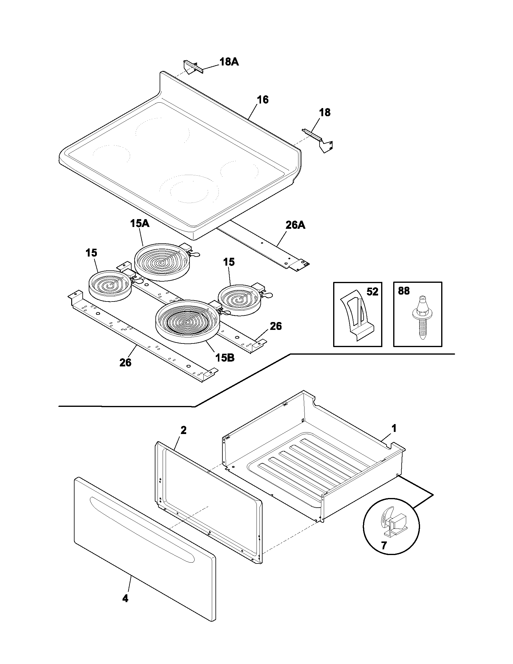Frigidaire FEF363BXAWA top/drawer diagram
