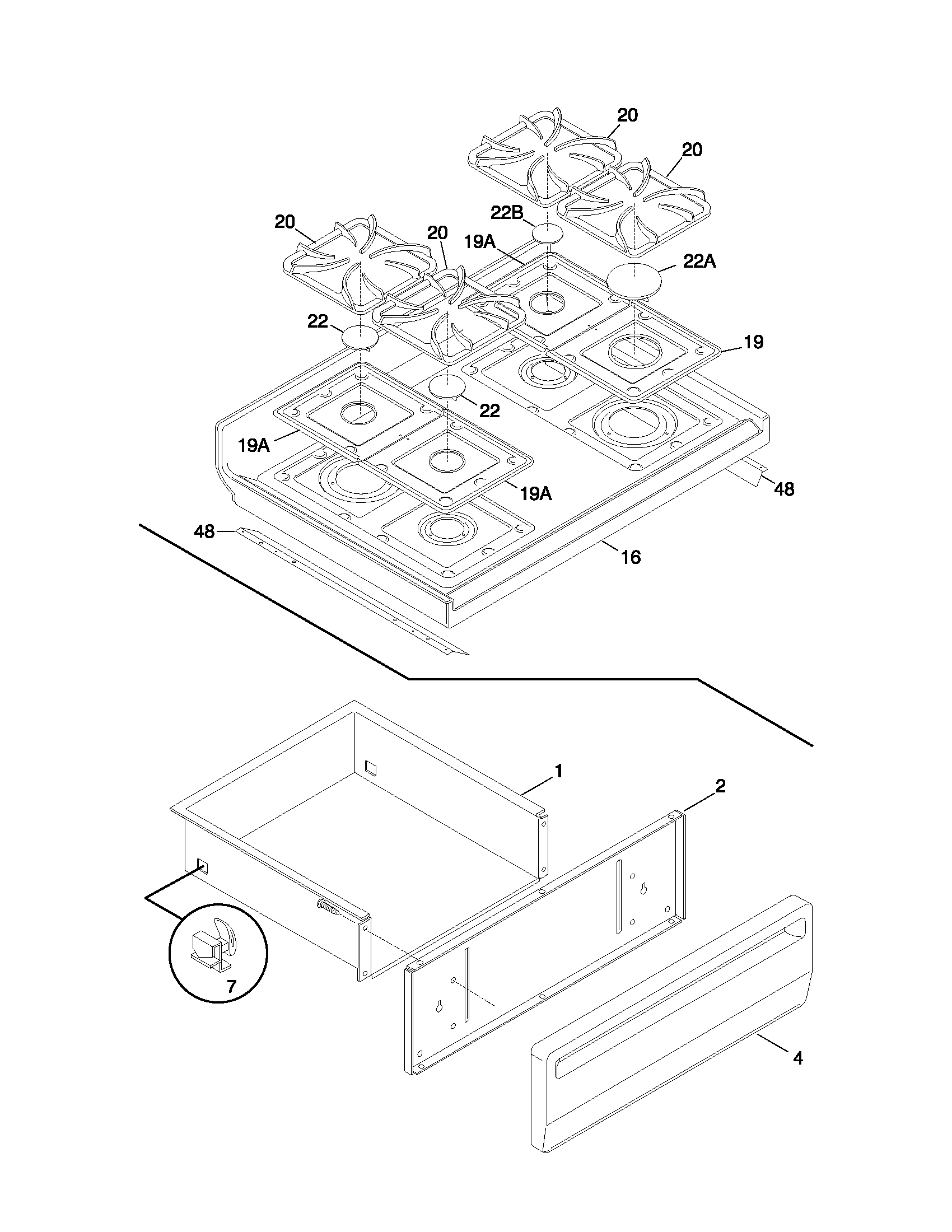 Frigidaire FGF376CXBSA top/drawer diagram