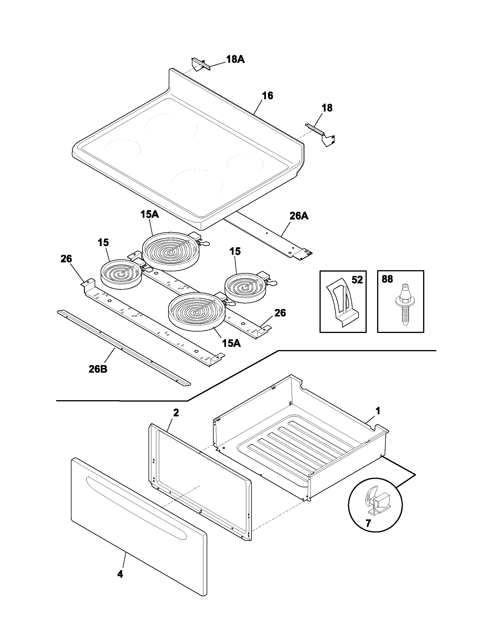Frigidaire FEF362BXAWC top/drawer diagram
