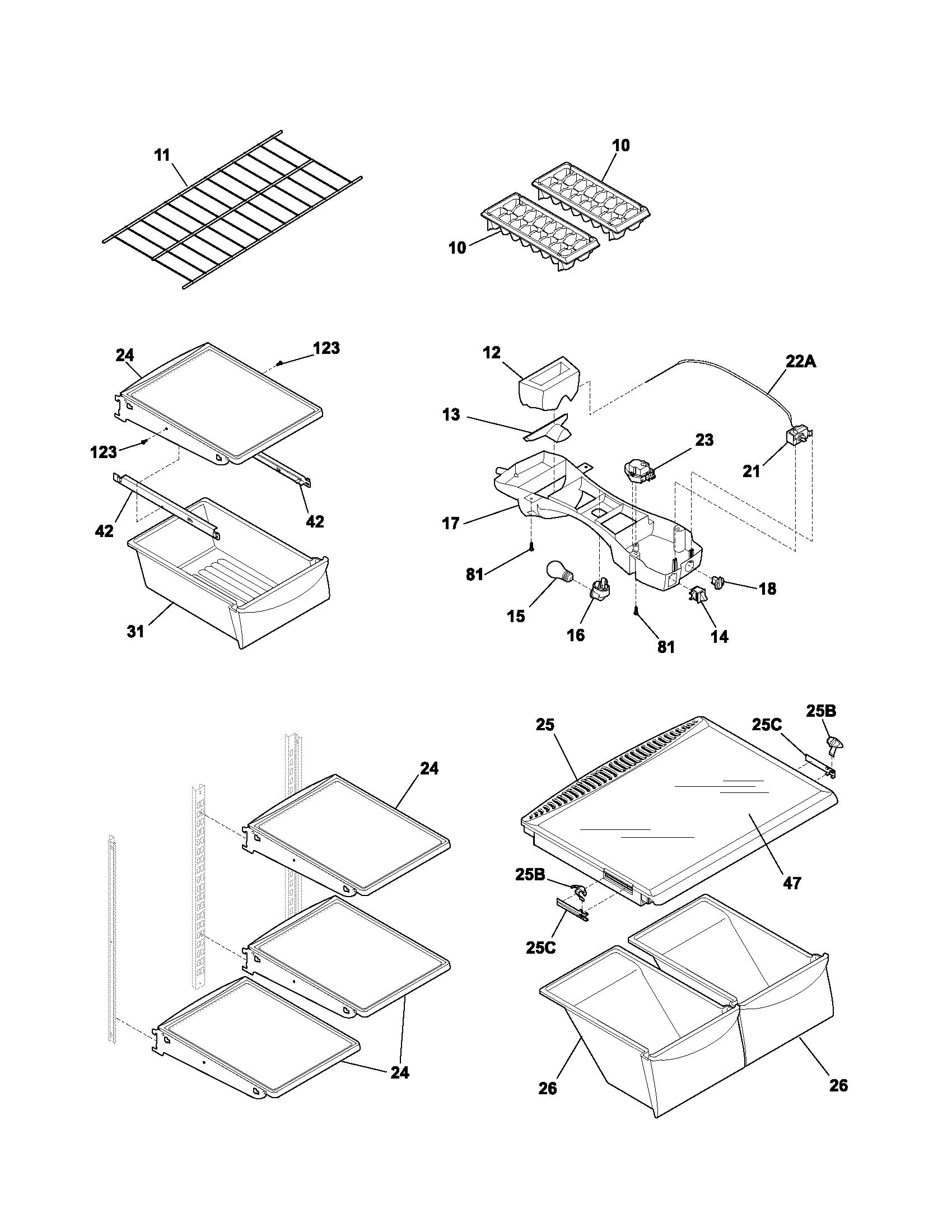 Universal/Multiflex (Frigidaire) BRT21R6AW3 shelves diagram
