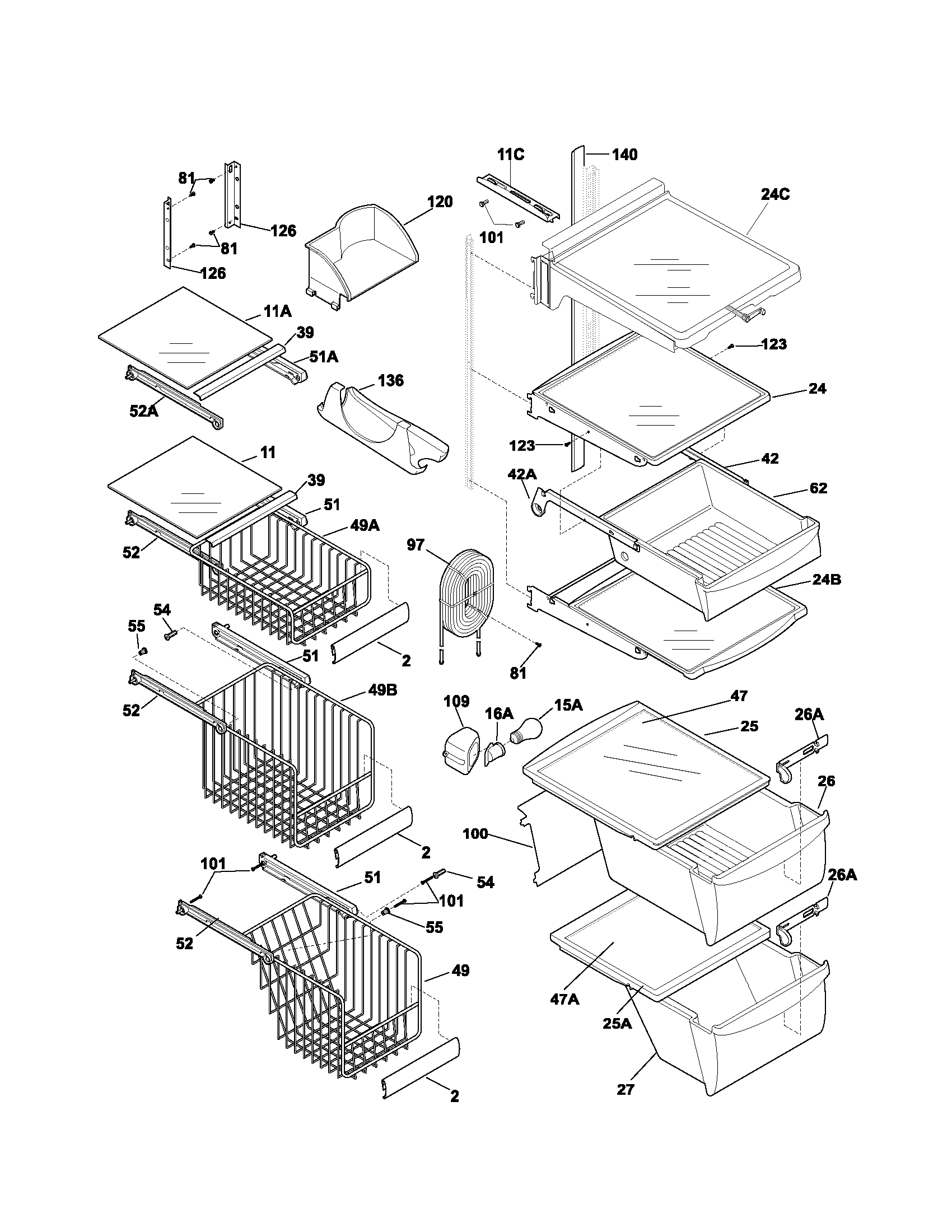 Frigidaire FRS26HF7BB1 shelves diagram