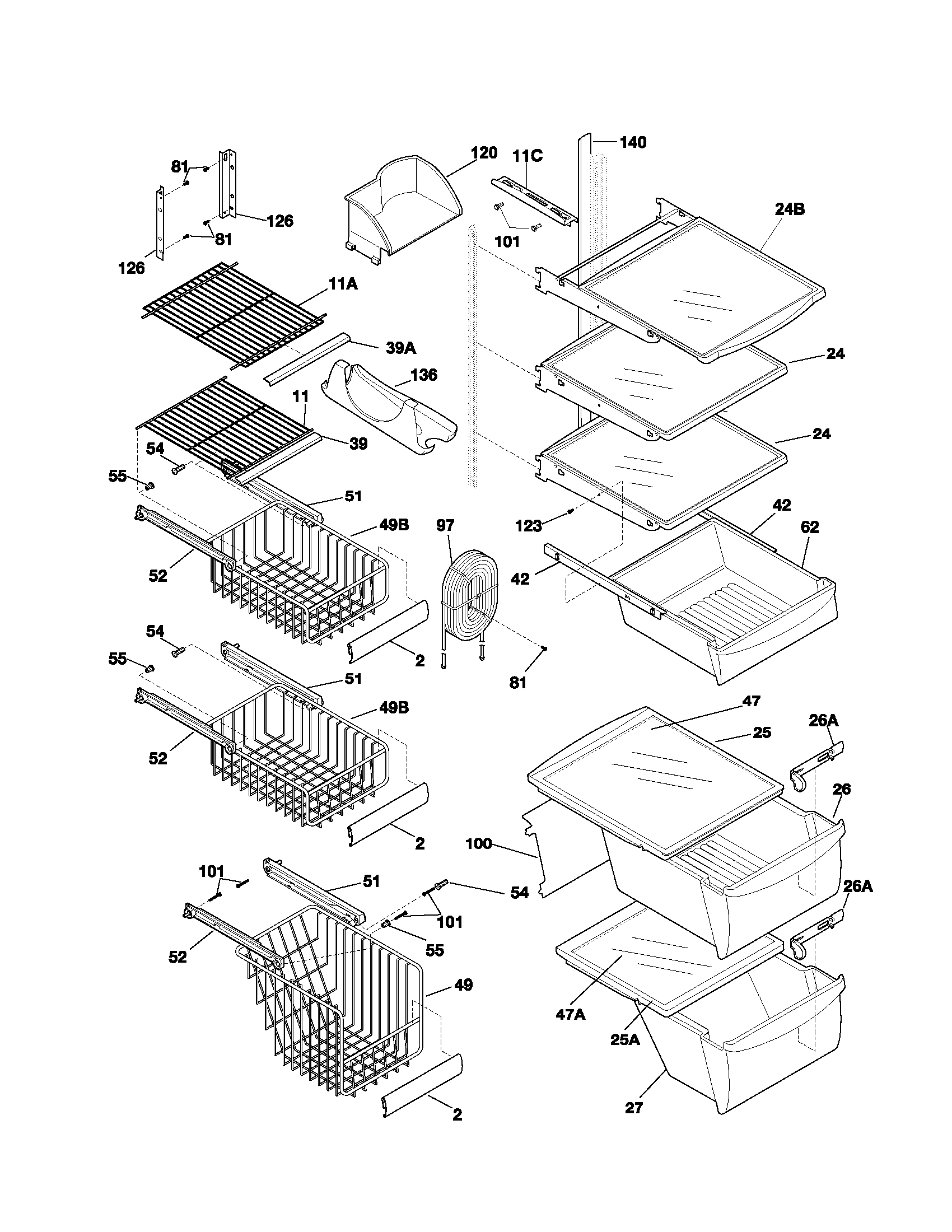Frigidaire GLRS264ZAB5 shelves diagram